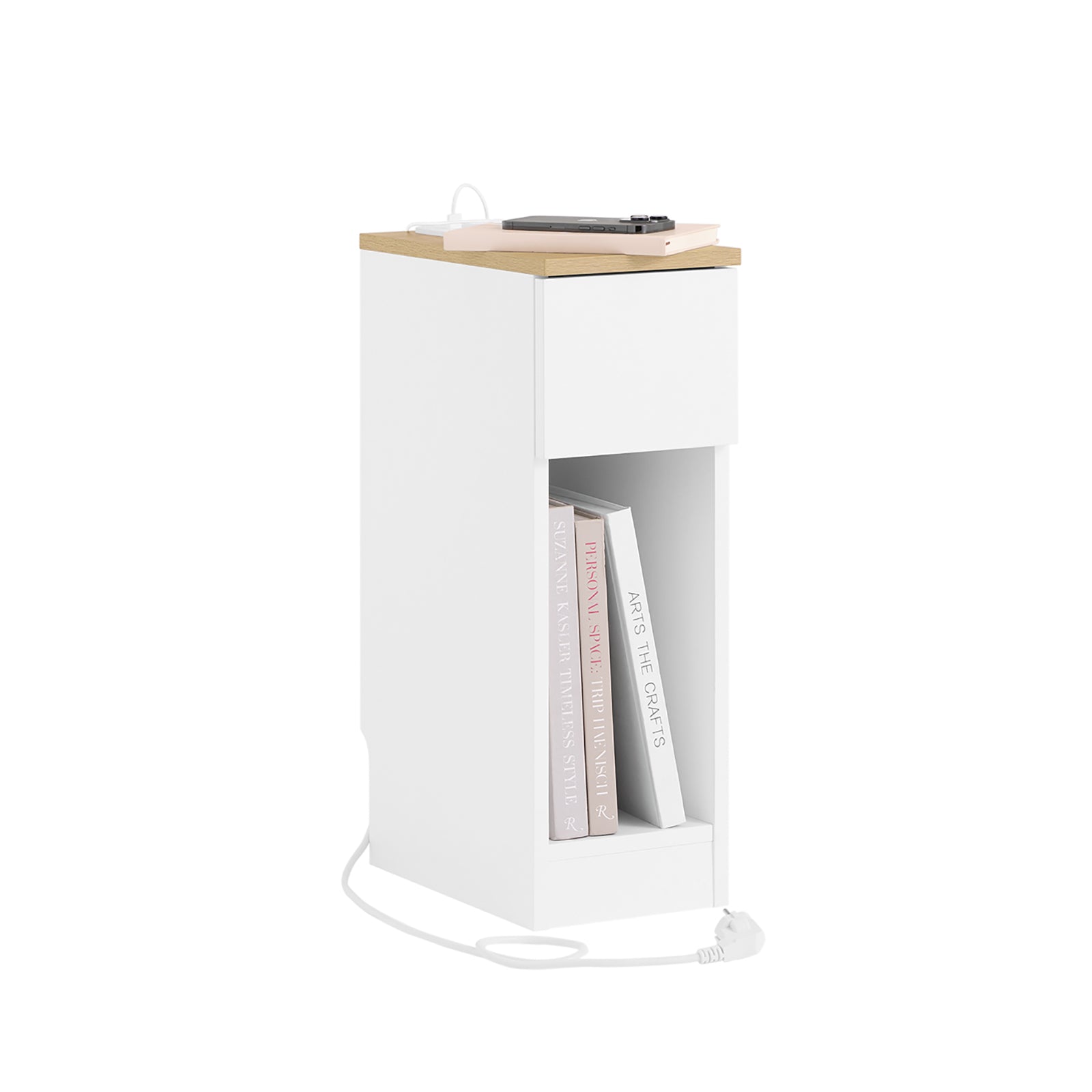 Šaurs naktsgaldiņš ar uzlādes staciju - USB un C tipa, ligzda, balts 20 x 35 x 60 cm