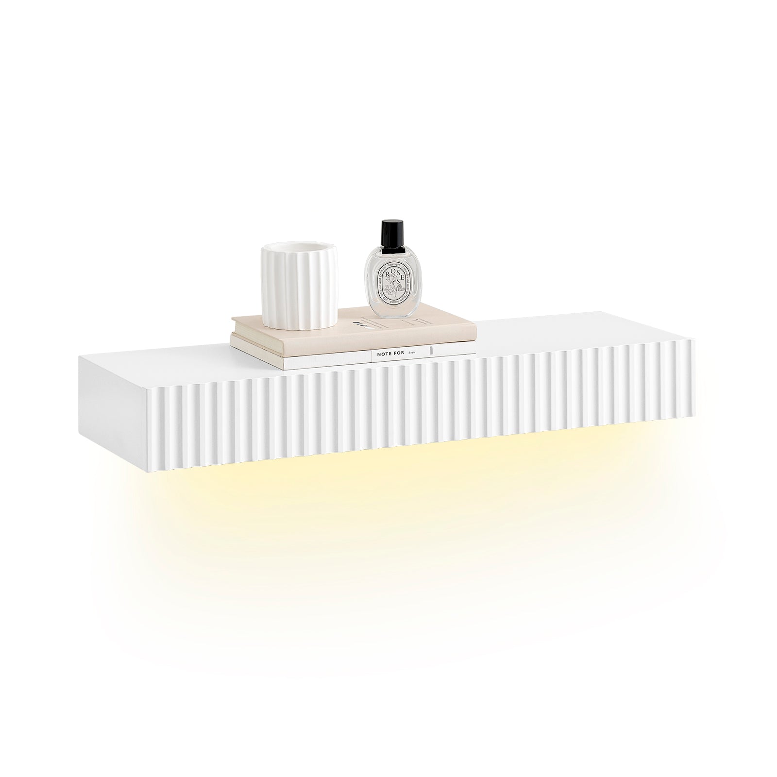 Peldošs sienas plaukts ar atvilktni un kustības sensora LED apgaismojumu, guļamistabai, gaitenim un viesistabai, darbināms ar baterijām, 60 x 20 x 8 cm, balts