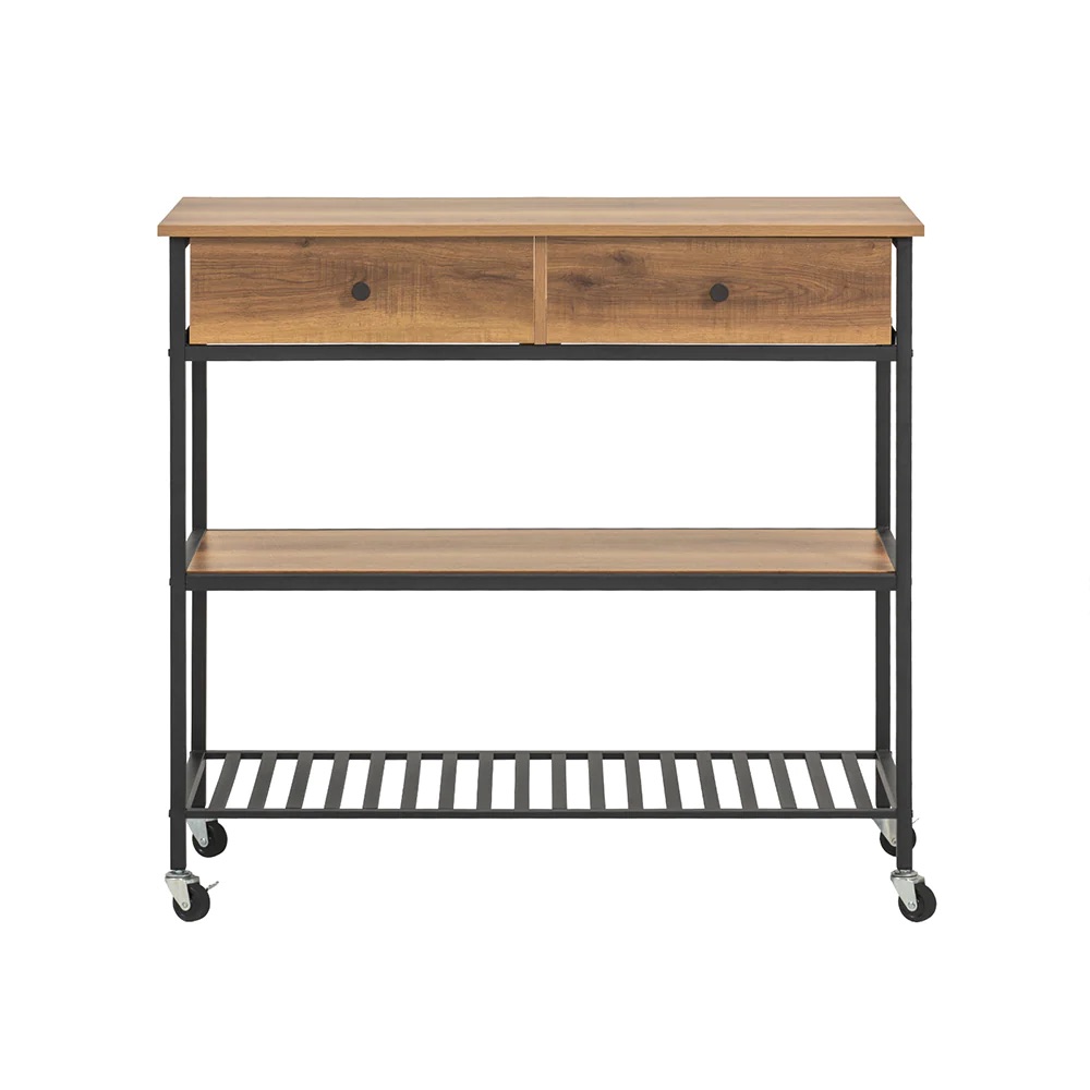 Industriāla stila virtuves ratiņi uz riteņiem, 2 atvilktnes un 2 atvērti plaukti - kompakts uzglabāšanas risinājums mazām virtuvēm (100 x 45 x 93 cm)