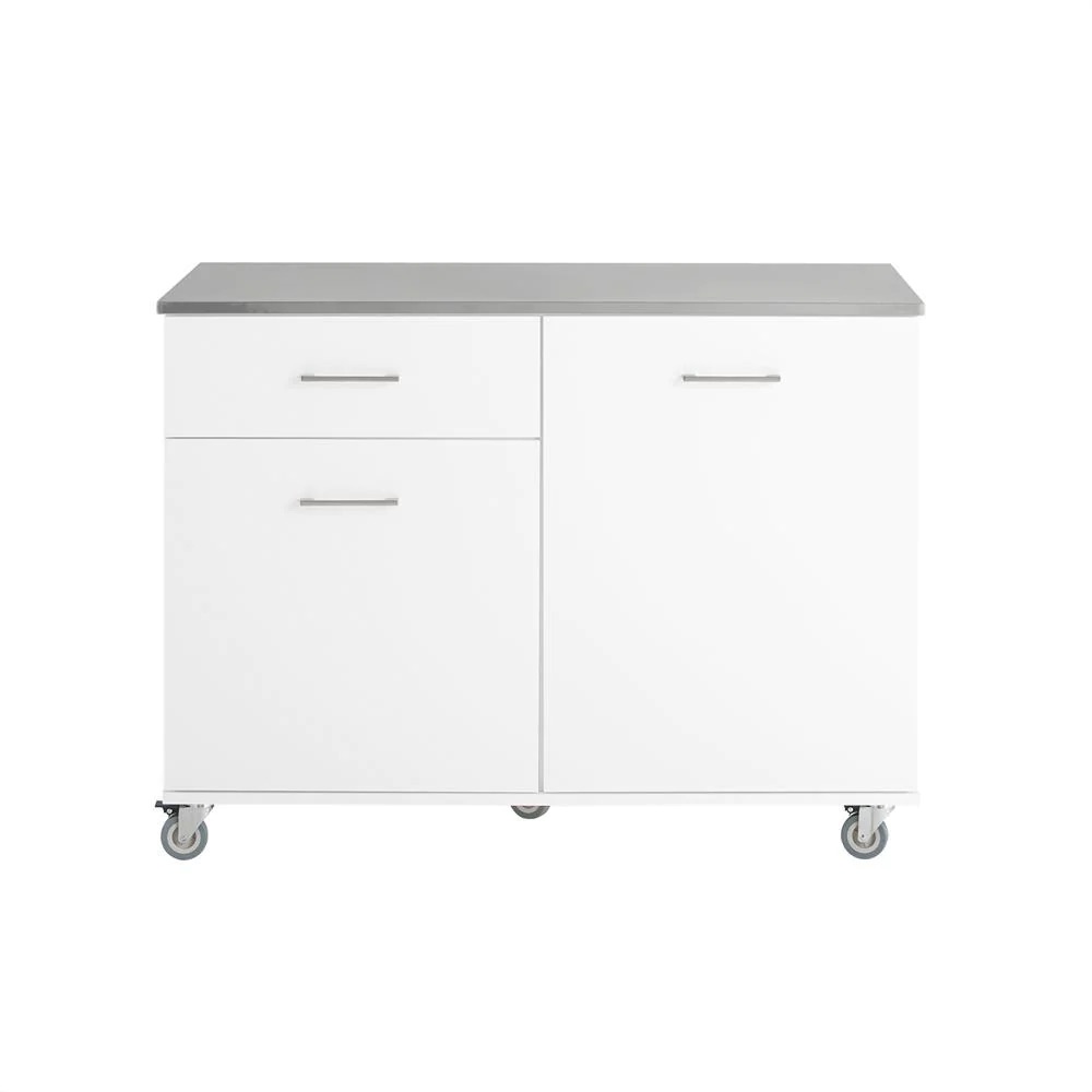 Centrālā sala ar riteņiem, INOX darba virsmu un vienu atvilktni, pārvietojams plaukts virtuvei vai ēdamistabai, virtuves skapis ar uzglabāšanas vietu 120 x 56 x 90 cm