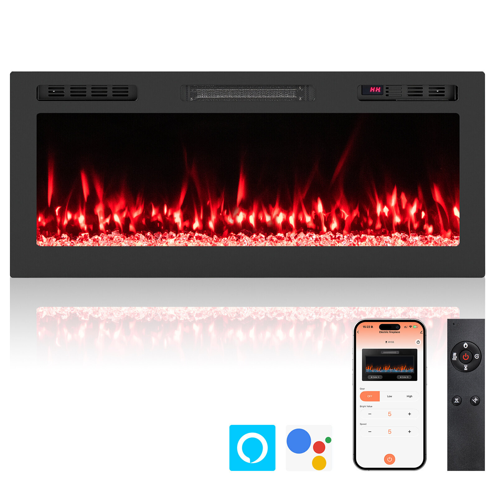 42 collu elektriskais kamīns ar sildītāju, iebūvēts 750 W/1500 W kamīns, tālvadības pults un lietotnes vadība, WiFi