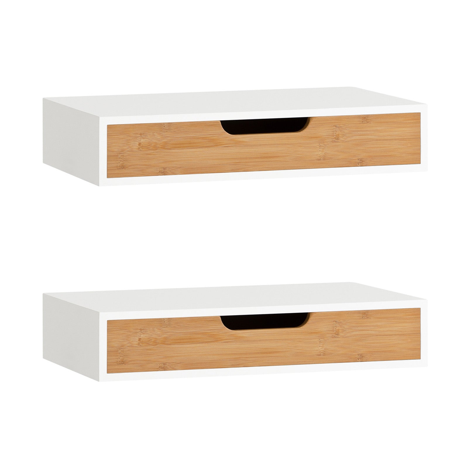 2 daļu sienas plauktu komplekts ar atvilktnēm - moderni peldoši plaukti, balti un dabīga koka, 40 x 24 x 8 cm