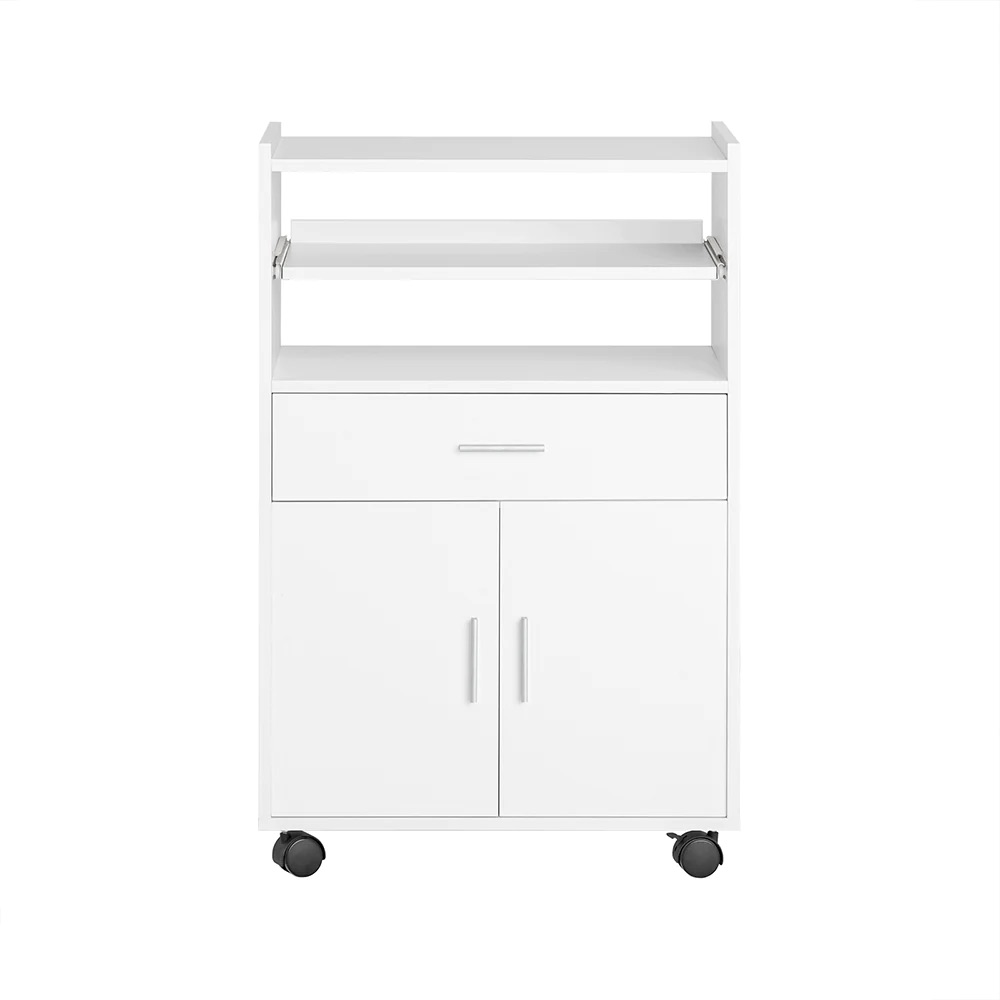 Paplašināmi virtuves ratiņi ar riteņiem | Mikroviļņu krāsns plaukts un uzglabāšanas skapis, balts 92 x 59 x 40 cm