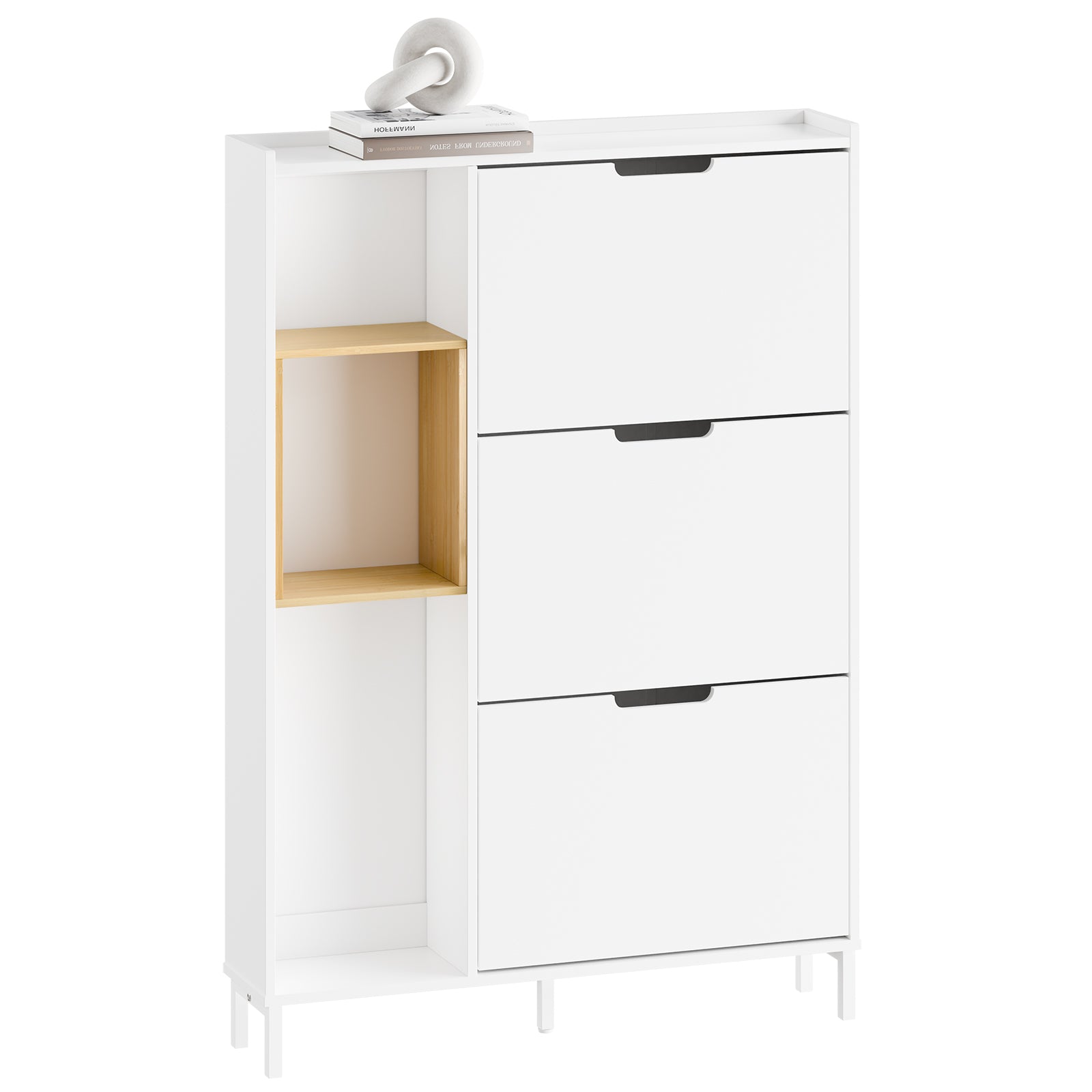 Šaurs apavu skapis priekšnamam - balts apavu skapis 9 apaviem - vietu taupošs, MDF un bambuss, 90 x 19 x 129,5 cm