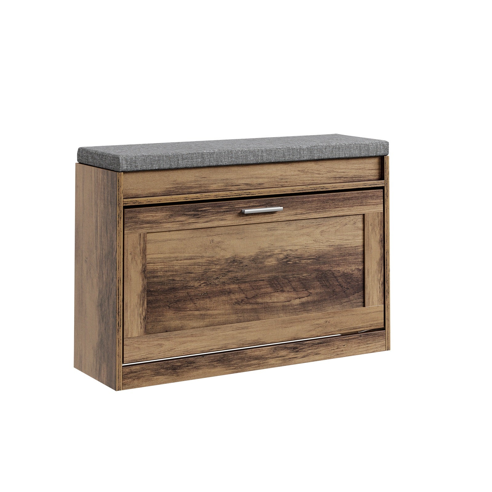 Apavu sols ar noņemamu spilvenu un uzglabāšanas vietu - šaurs 24 cm, 6-8 apavu pāriem, kravnesība 123 kg, 75 x 24 x 53 cm, koka krāsa un pelēka