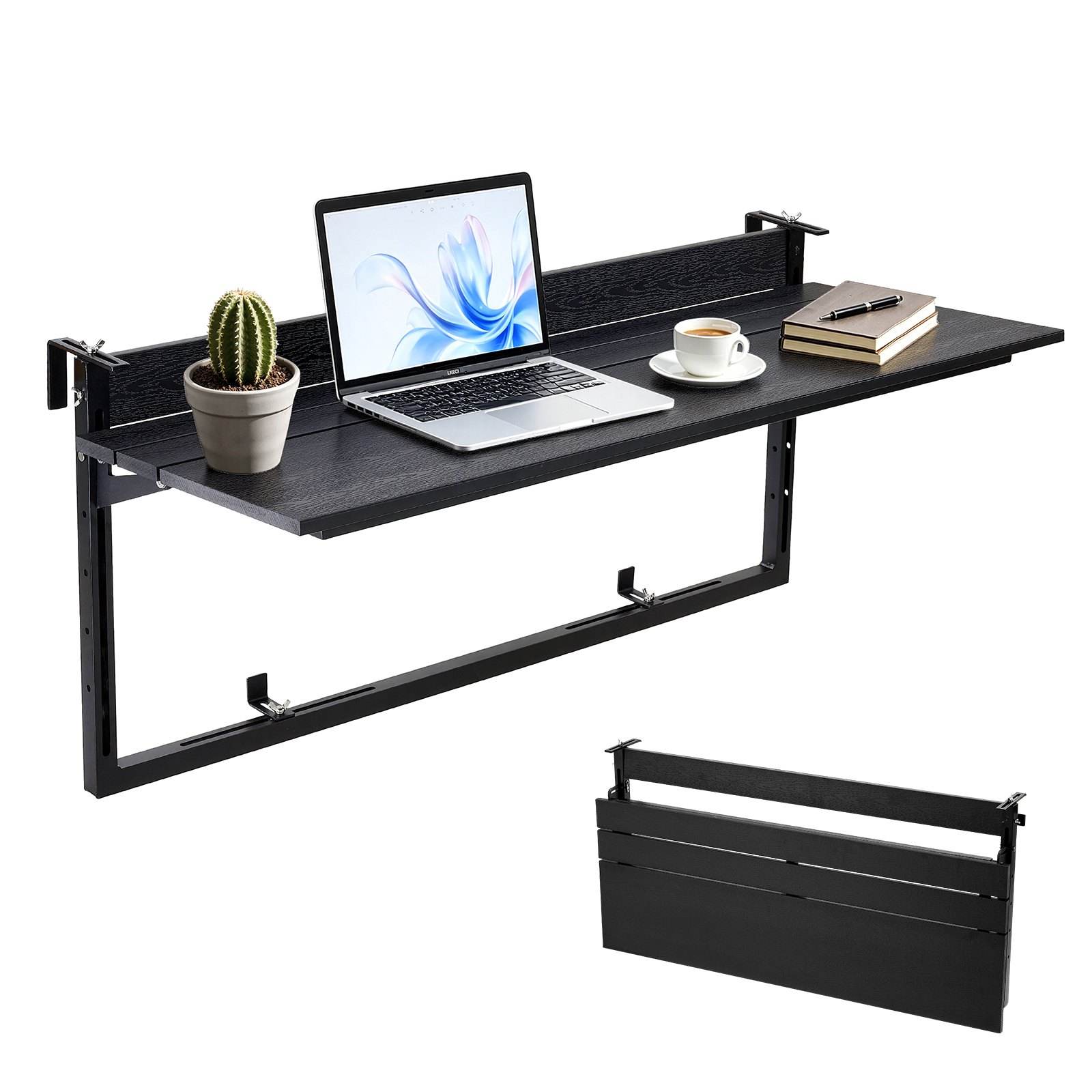 Pie balkona margām piekarams salokāms bāra galds, 1015 × 380 mm, nestspēja 27 kg, 0–90 mm margām, 5 augstuma līmeņi un izturīgs koka-plastmasas kompozīts, balkonam, dārzam un terasei
