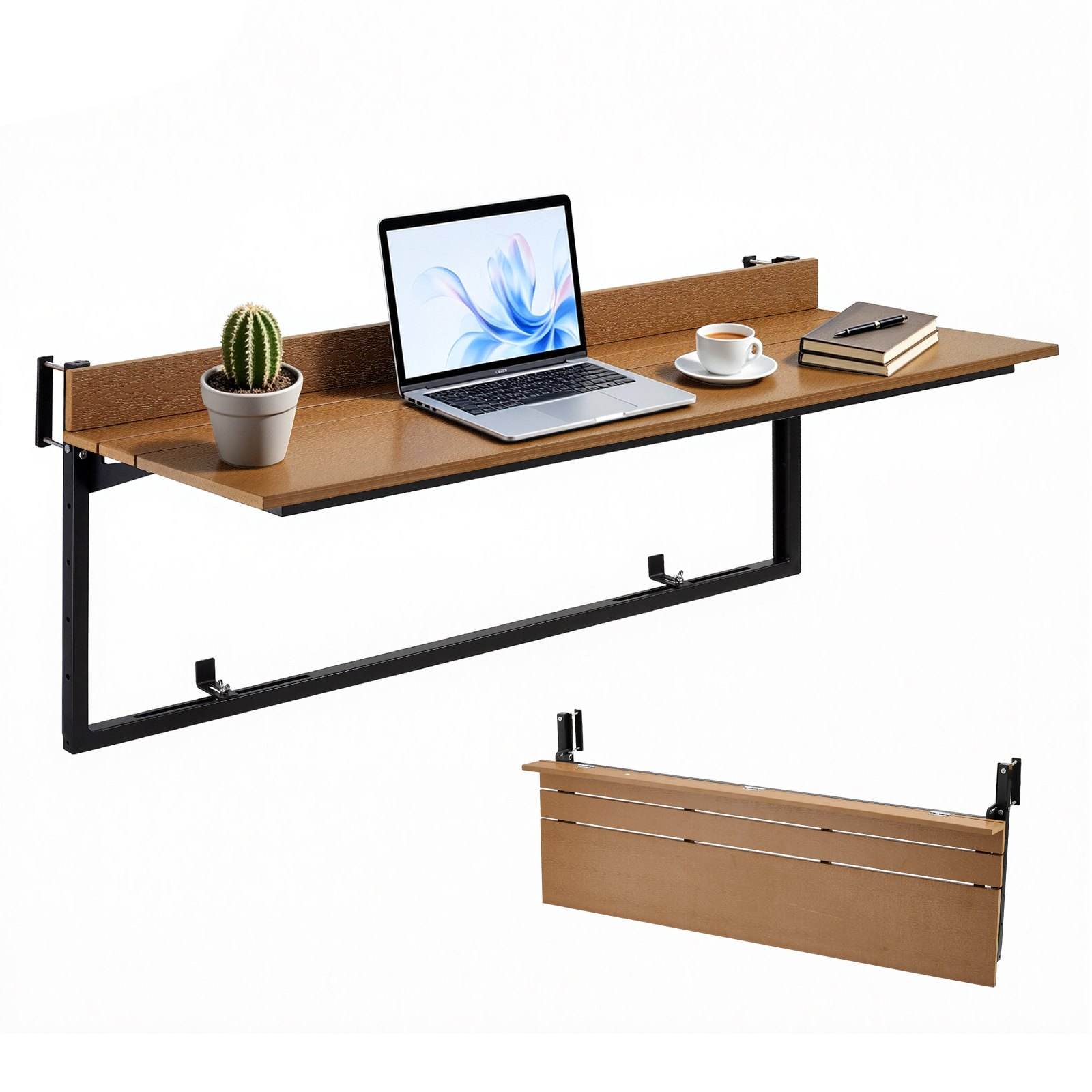 Pie balkona margām piekarams salokāms bāra galds, 1200 × 370 mm, nestspēja 27 kg, 35–60 mm margām, 5 augstuma līmeņi un izturīgs koka-plastmasas kompozīts, balkonam, dārzam un terasei