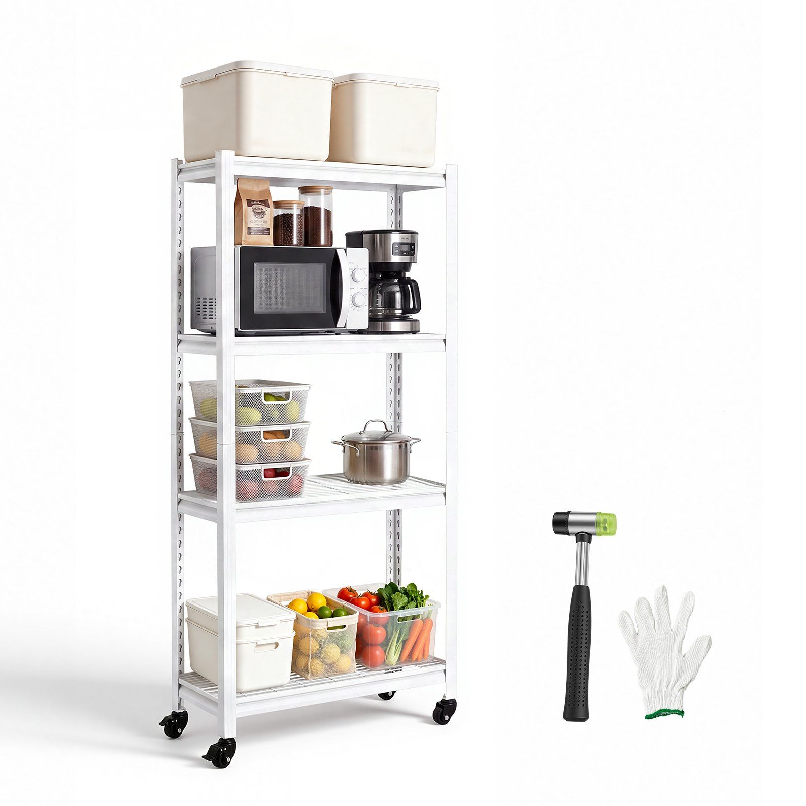 Izturīgs 4 līmeņu metāla plaukts uz riteņiem ar regulējamiem plauktiem, 76,2 × 31,3 × 160 cm, statiskā nestspēja 362,9 kg, cimdi, garāžai, pagrabam, noliktavai un virtuvei, balts