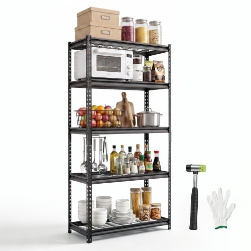 Izturīgs stabils 5 līmeņu metāla plaukts ar regulējamiem stiepļu plauktiem, 92,3 × 41,5 × 181 cm, 907,2 kg, cimdi, garāžai, pagrabam, noliktavai un virtuvei, melns
