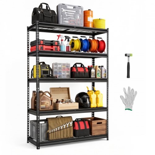 Izturīgs stabils 5 līmeņu metāla plaukts ar regulējamiem stiepļu plauktiem, 122 × 45 × 181,3 cm, 1134 kg, cimdi, garāžai, pagrabam, noliktavai un virtuvei, melns