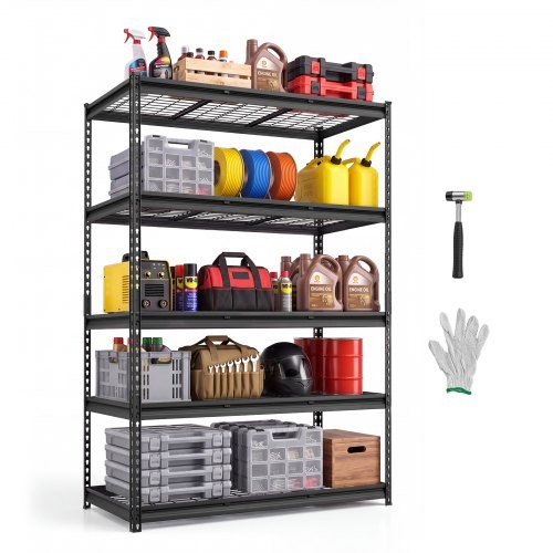 Izturīgs stabils 5 līmeņu metāla plaukts ar regulējamiem stiepļu plauktiem, 122 × 61 × 181,3 cm, 1361 kg, cimdi, garāžai, pagrabam, noliktavai un virtuvei, melns