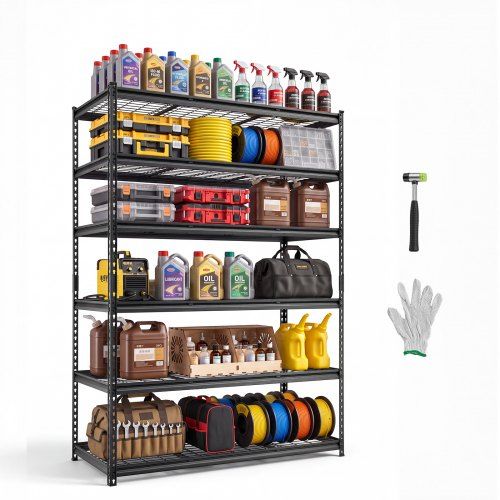 Izturīgs stabils 6 līmeņu metāla plaukts ar regulējamiem stiepļu plauktiem, 140 × 61,2 × 195,8 cm, 1633 kg, cimdi, garāžai, pagrabam, noliktavai un virtuvei, melns