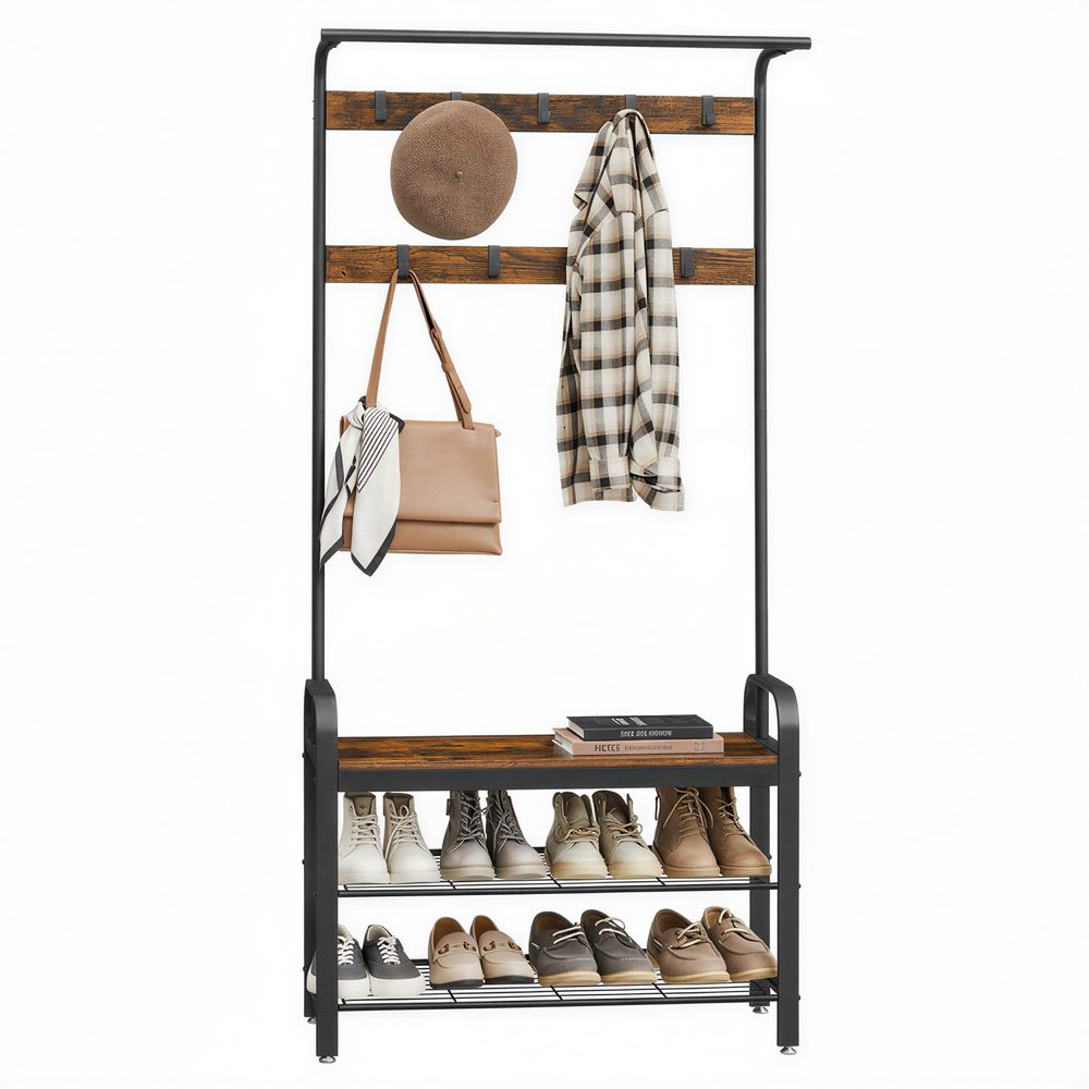 Drēbju pakaramais, drēbju skapis, apavu plaukts ar sēdekli, drēbju pakaramais ar 9 noņemamiem āķiem, sols, 2 stiepļu plaukti, 183 cm augsts, industriālais dizains, vintage brūni melns