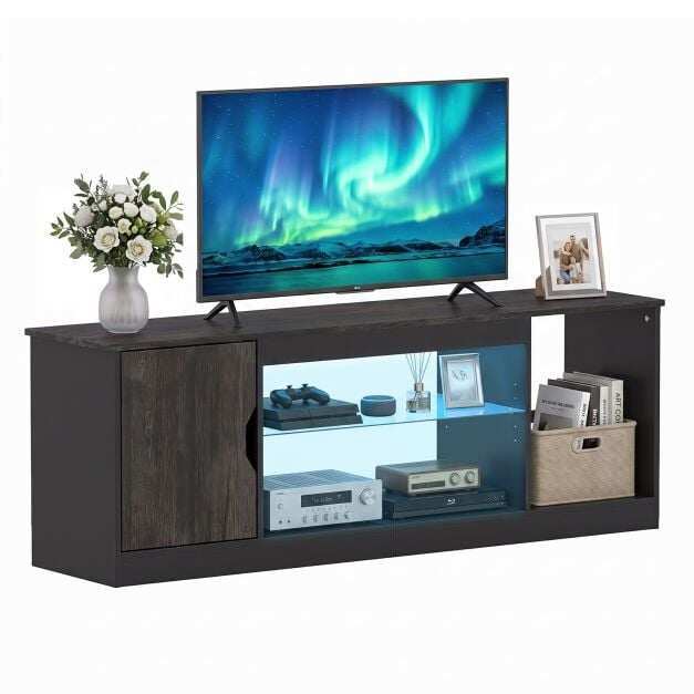 TV statīvs ar LED gaismas sloksni un regulējamu stikla plauktu televizoriem līdz 165 cm - melns
