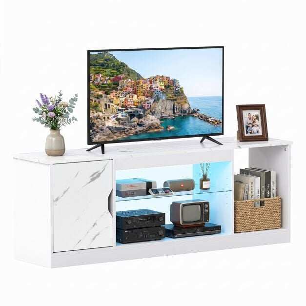 TV statīvs ar LED gaismas sloksni un regulējamu stikla plauktu televizoriem līdz 165 cm - balts
