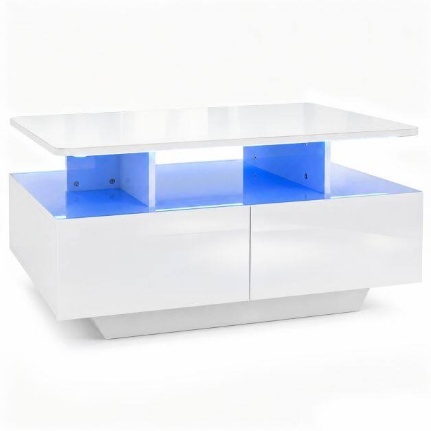 LED kafijas galdiņš ar 2 atvilktnēm un LED apgaismojumu 20 krāsās, augstums 90 cm, balts