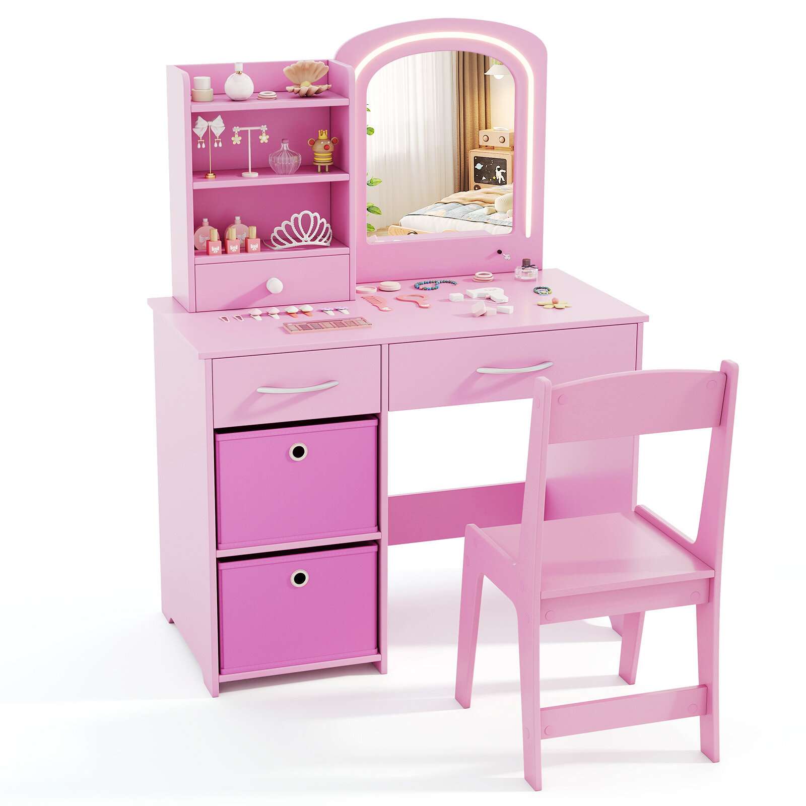 Bērnu tualetes galdiņa komplekts ar apgaismotu spoguli, kosmētikas galdiņš un krēsls ar atvilktnēm - rozā