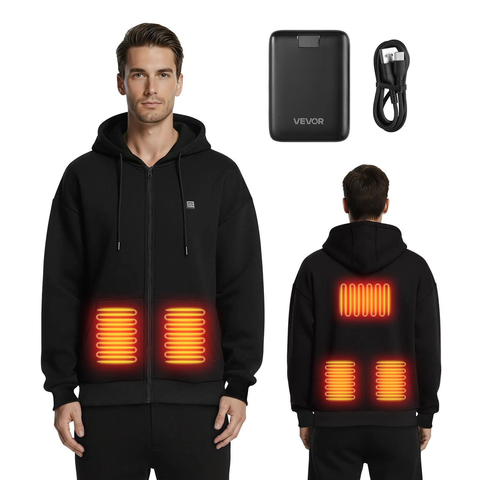 Apsildāms unisex džemperis ar kapuci un pilna garuma rāvējslēdzēju, 7,4 V / 16 000 mAh ārējais akumulators, 5 sildīšanas zonas, 3 temperatūras līmeņi un 4–8 h siltuma, ziemas aktivitātēm ārā un kempingam, melns