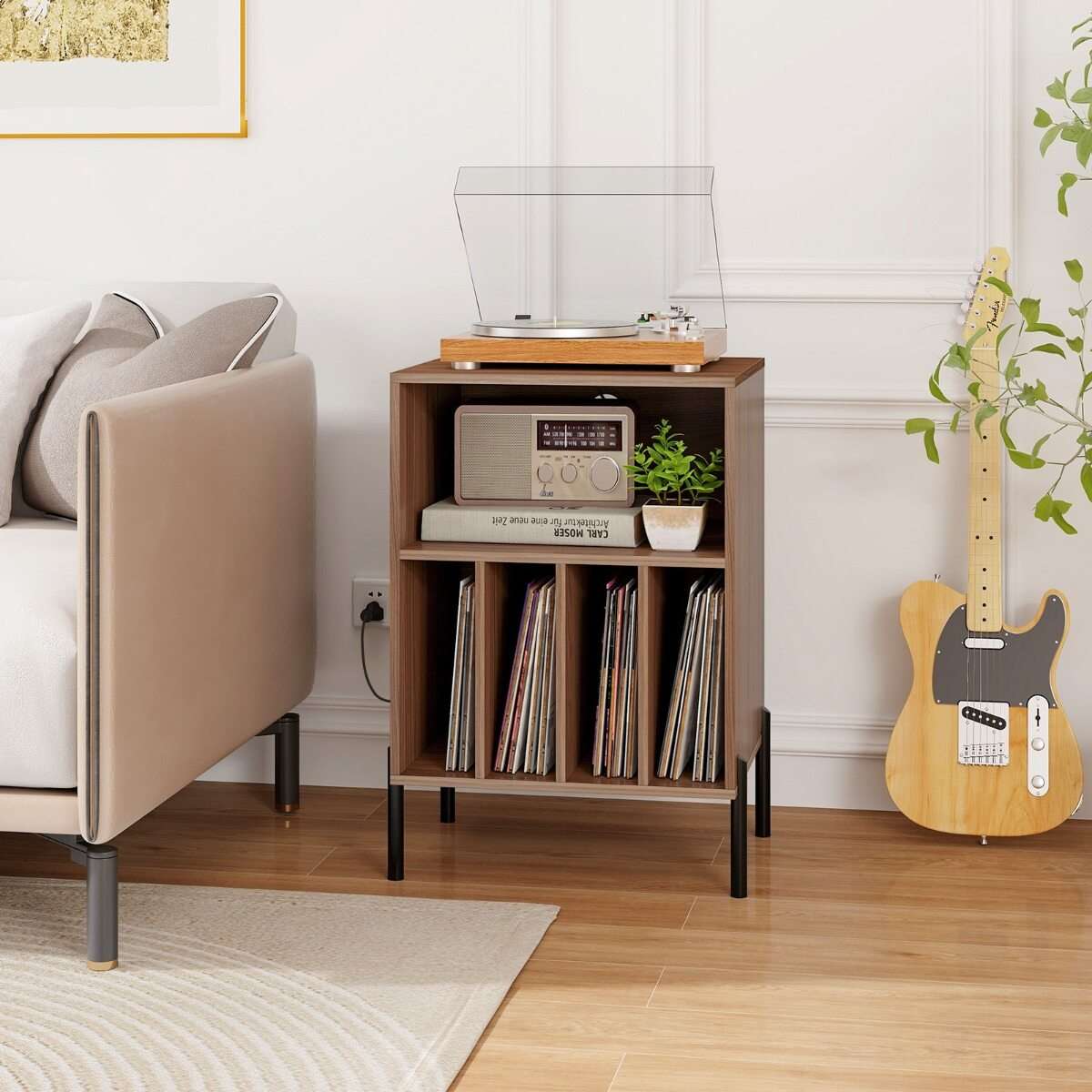 Vinila atskaņotāja statīvs, vinila plašu atskaņotāja turētājs, plaukts, metāla kājas, uzlādes stacija un USB ports, valrieksts