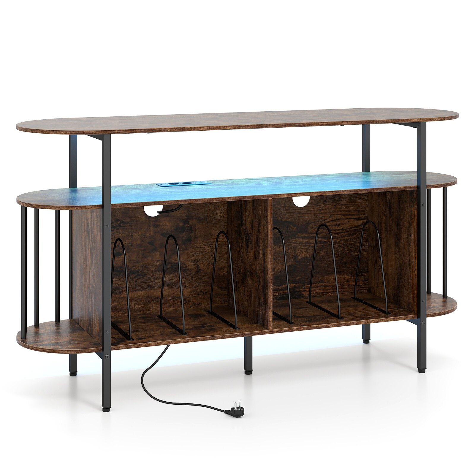 Grozāmā atskaņotāja statīvs ar uzlādes staciju un krāsainām LED gaismām, 140 x 40 x 76 cm, rustikāli brūns