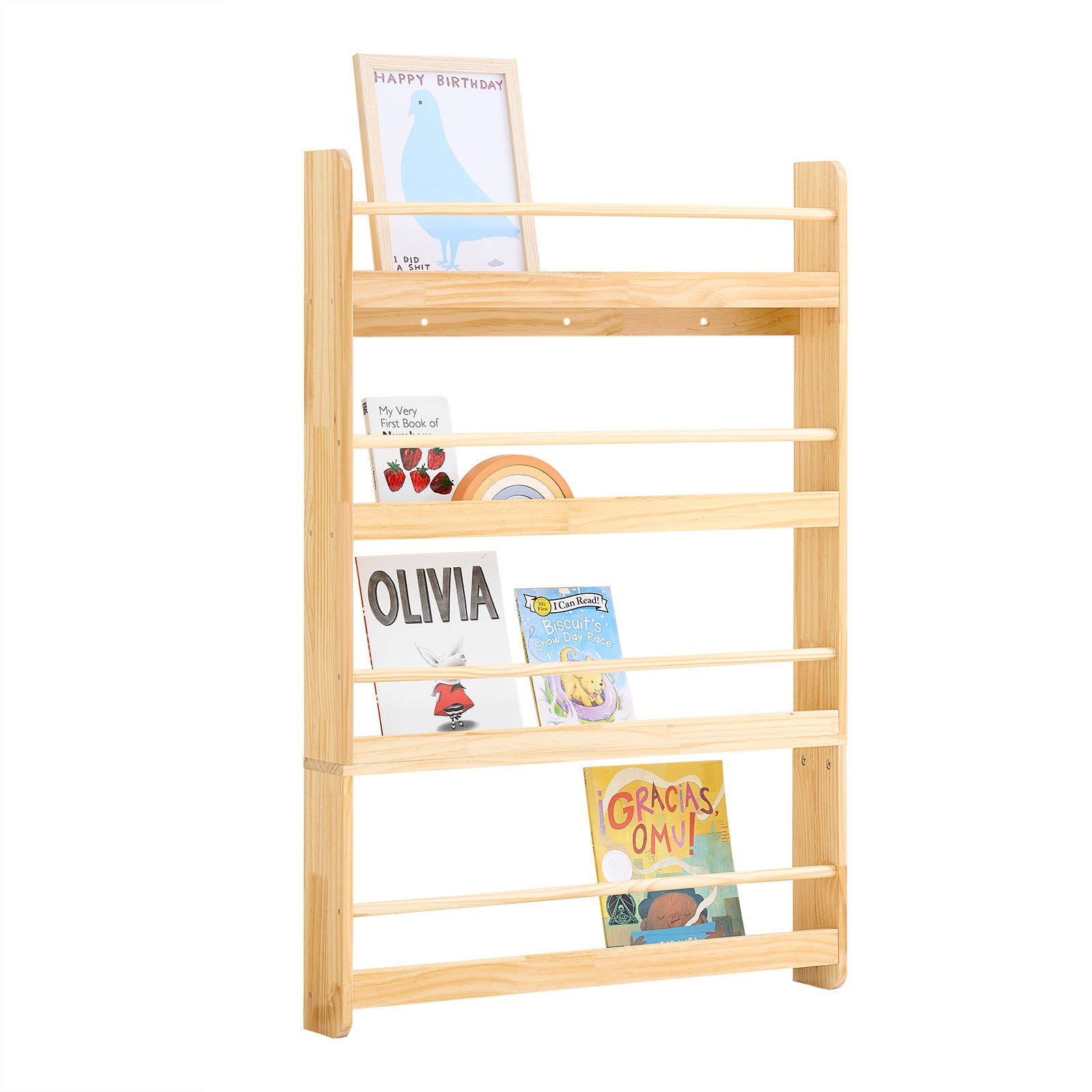 Bērnu grāmatu plaukts ar 4 līmeņiem - koka plaukts grāmatām un rotaļlietām, bērnu istabai, priede, 80 x 12 x 118 cm