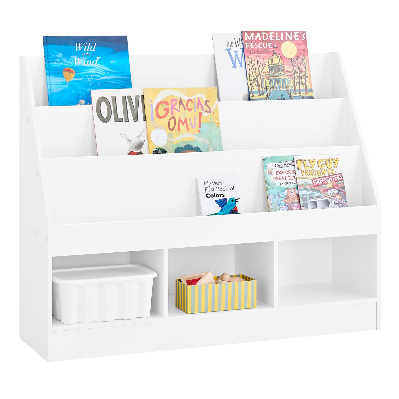 Bērnu grāmatu skapja rotaļlietu glabāšanas bloks - 3 nodalījumi, mazs grāmatu skapis ar 3 līmeņiem, balts, 100x30x80 cm