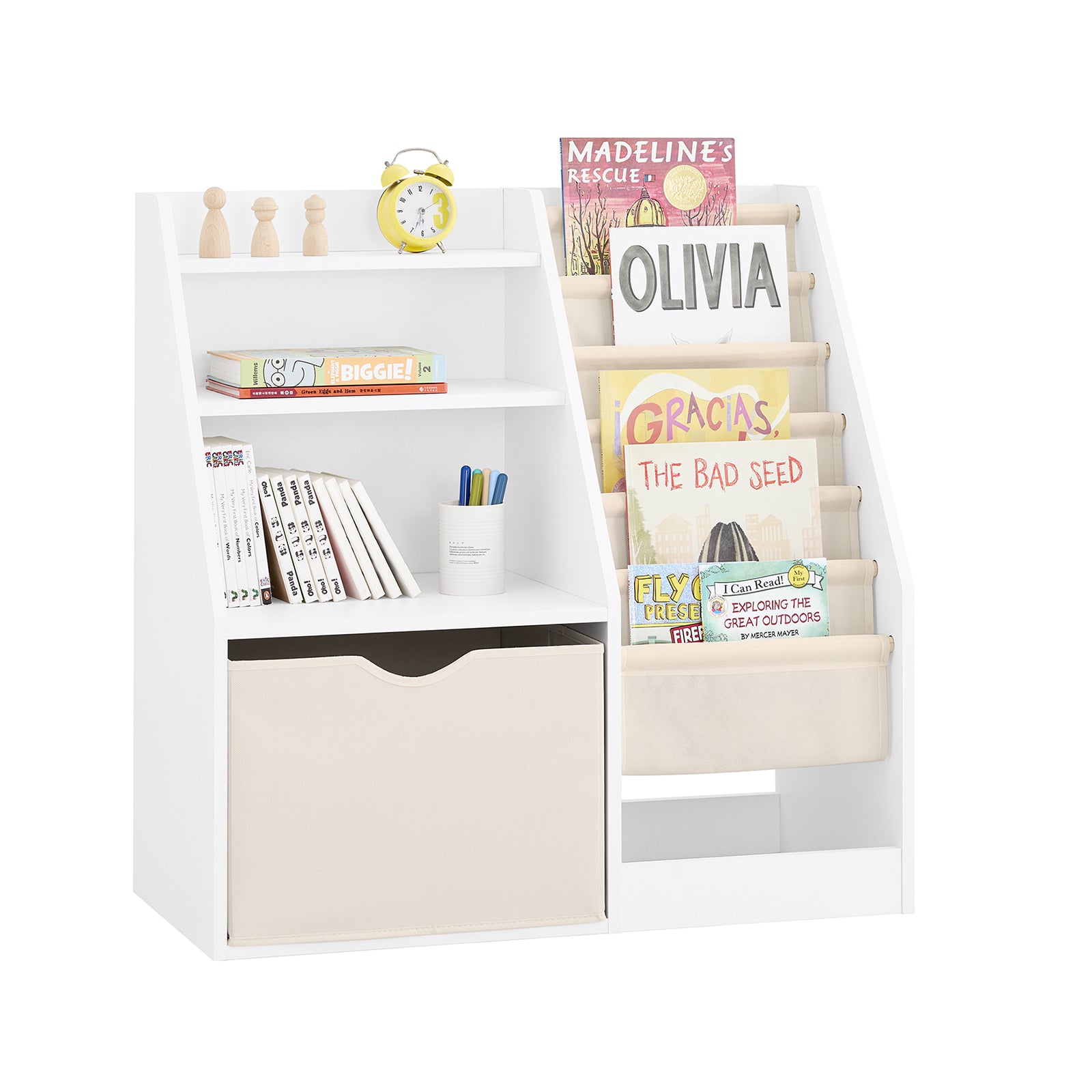 Bērnu grāmatu plaukts 3 līmeņu Montessori grāmatu plaukts ar uzglabāšanas vietu un auduma groziem Bērnu istabas mēbeles Balts 80x40x80 cm