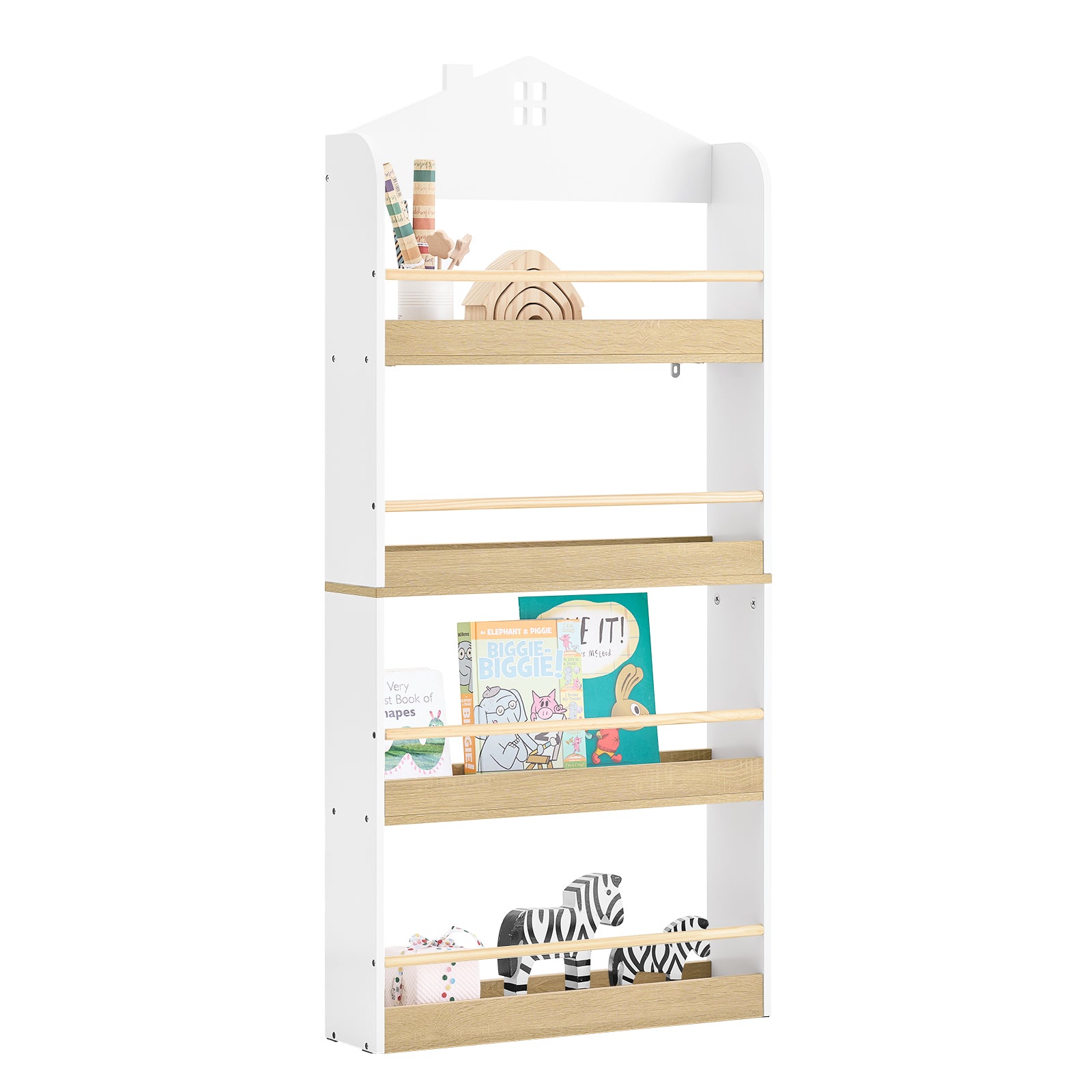 Bērnu grāmatu plaukts 4 līmeņi - Montessori stila grāmatu un rotaļlietu plaukts bērnu istabai, balts un dabīgs koks 60 x 15 x 130,5 cm