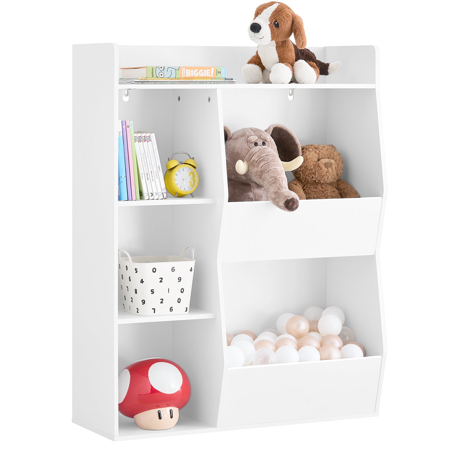 Bērnu grāmatu plaukts rotaļlietu uzglabāšanai 5 nodalījumi uzglabāšanas plaukts grāmatu skapis žurnālu statīvs balts 80x34x104cm [Produkta informācija]: Svars: aptuveni 16,9 kg. Kants
