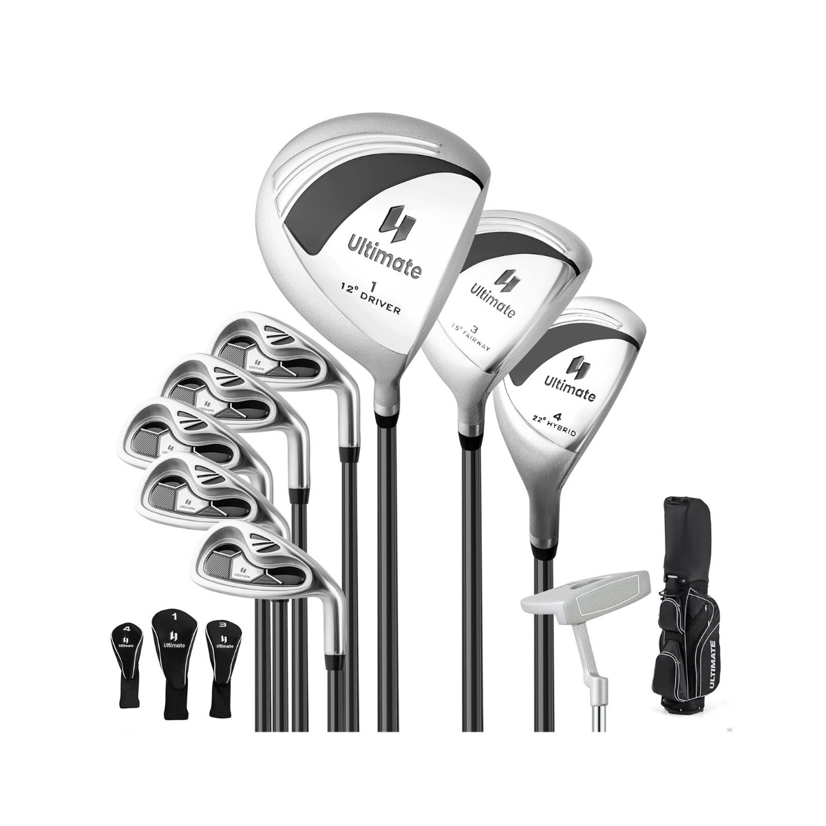 Komplektne naiste golfikeppide komplekt paremakäelistele, kaasas mitmefunktsiooniline golfikott ja kaitsekate, must