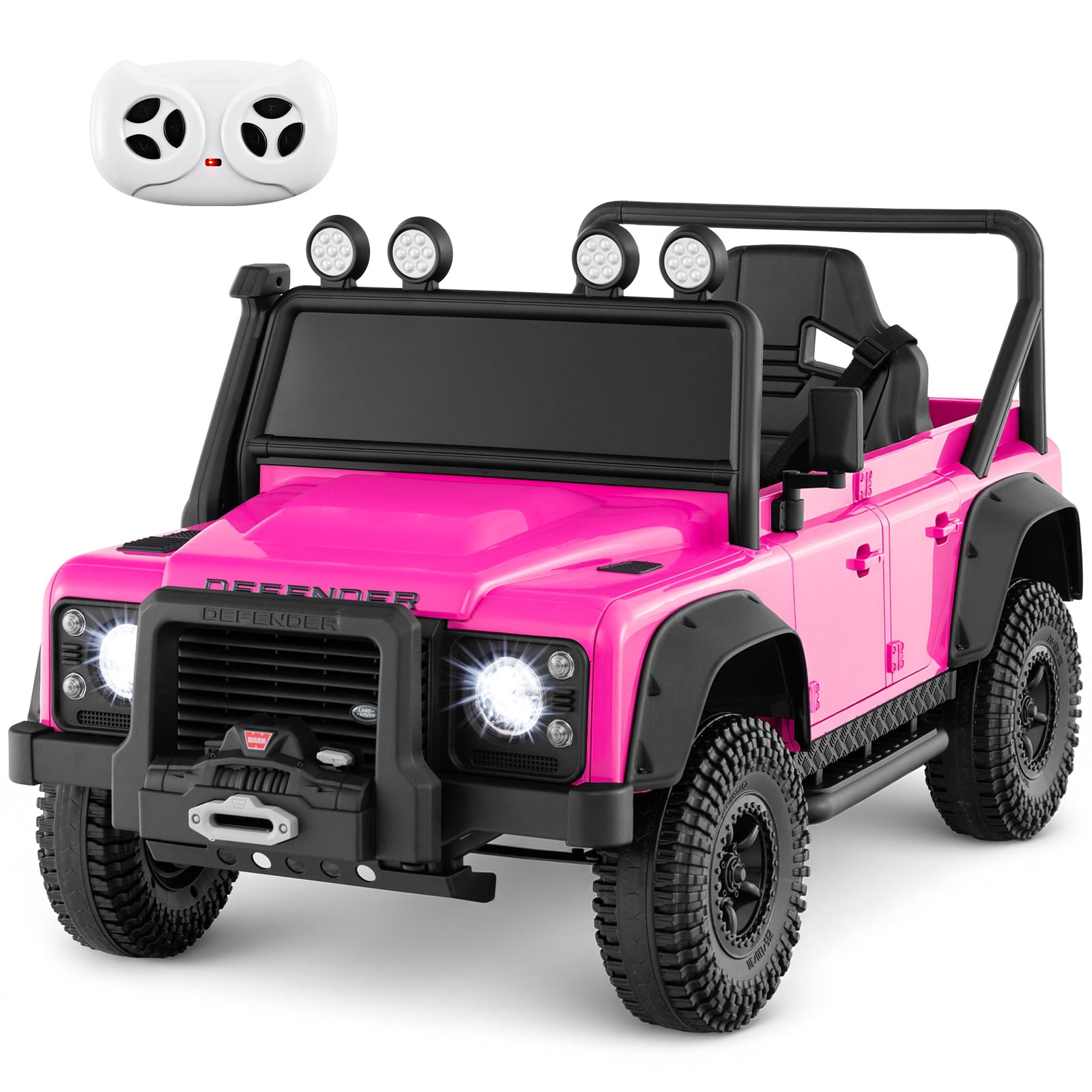 Land Rover Defender elektroauto bērniem, elektromobilis ar vecāku tālvadības pulti, pilna piekare, priekšējie lukturi, rozā