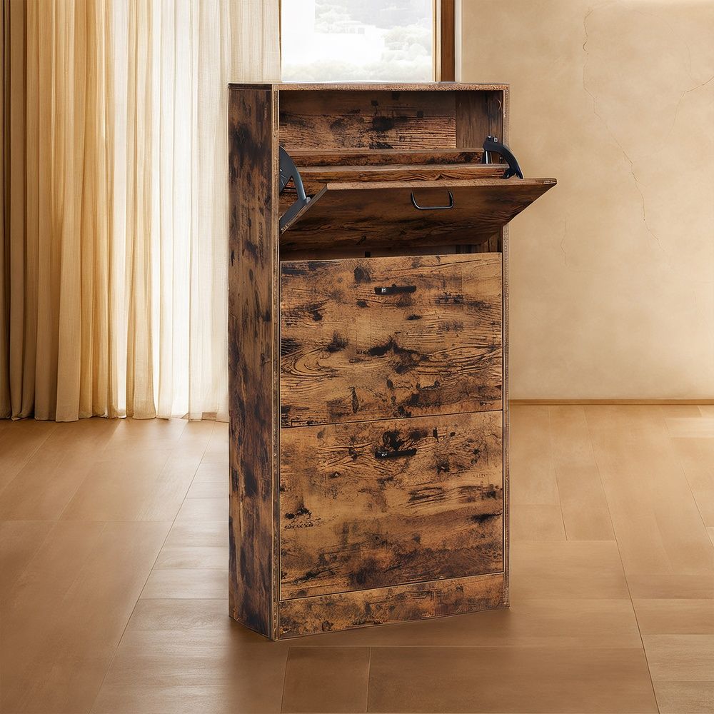 Apavu skapis ar 3 atlokiem, apavu plaukts ar 3 līmeņiem, glabāšanas skapis, ideāli piemērots šauriem koridoriem, viesistaba, guļamistaba, 60 x 24 x 120 cm (G x P x A), vintage brūns