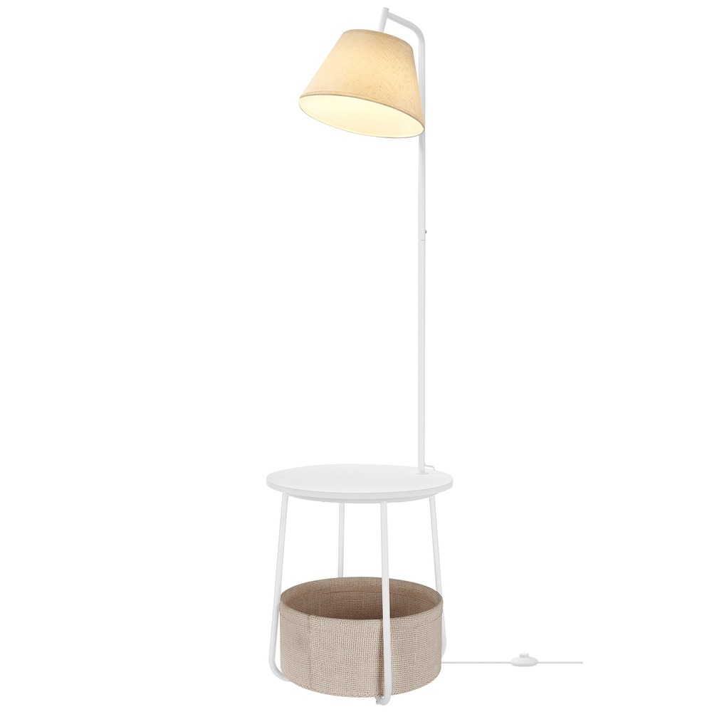 Naktsskapītis ar LED stāvlampu, plauktu un auduma grozu, balts