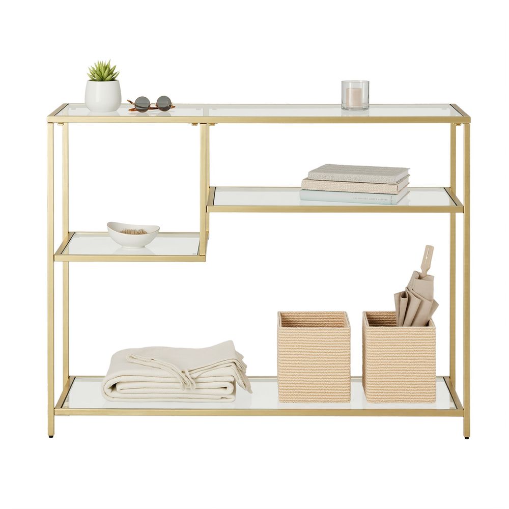 Konsoles galds, priekšnama galds, sānu galds, rūdīts stikls, metāla rāmis, ar plauktiem, 35 x 100 x 80 cm, moderns, priekšnamam, viesistabai, zelta krāsā