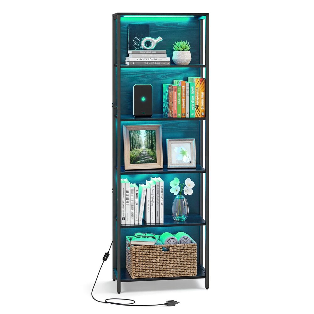 6 līmeņu grāmatu plaukts, brīvstāvošs plaukts ar regulējamu LED apgaismojumu, tērauda rāmja plaukts, 30,3 x 60 x 178,6 cm, melns melns