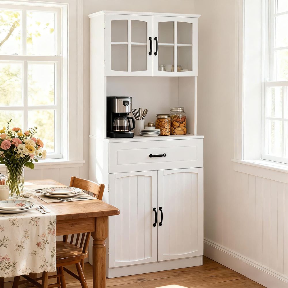 Virtuves skapis, daudzfunkcionāls skapis, pieliekamais skapis, regulējami plaukti, droši mikroviļņu krāsnī, ar atvilktni, stikla durvis, kabeļa caurums, moderns stils, balts