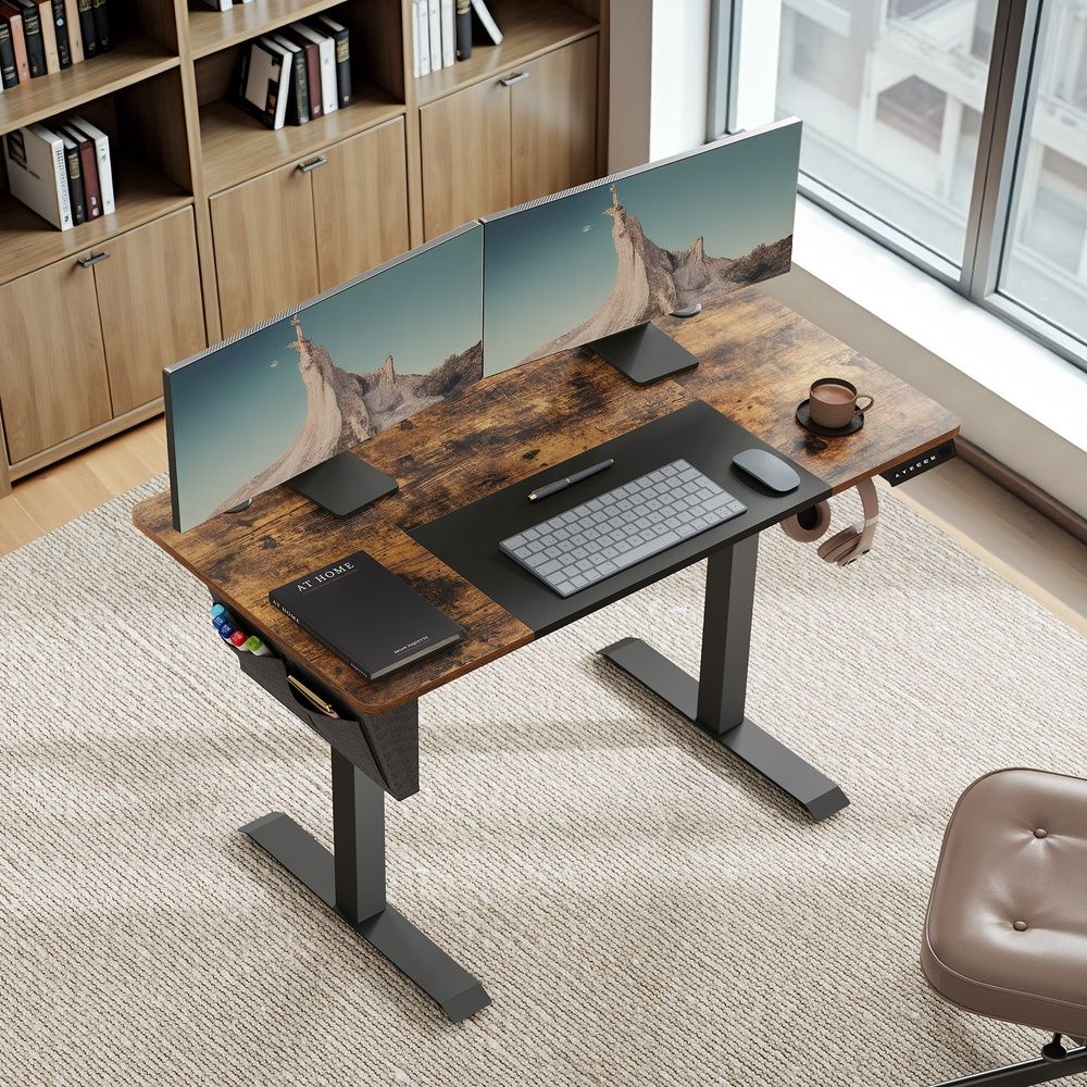 Augstumā regulējams galds, elektrisks, bezpakāpju regulēšana, līmēta virsma, 4 augstuma iestatījumi, auduma soma, 120 x 60 x (72-120) cm, tērauds, vintage brūni melns