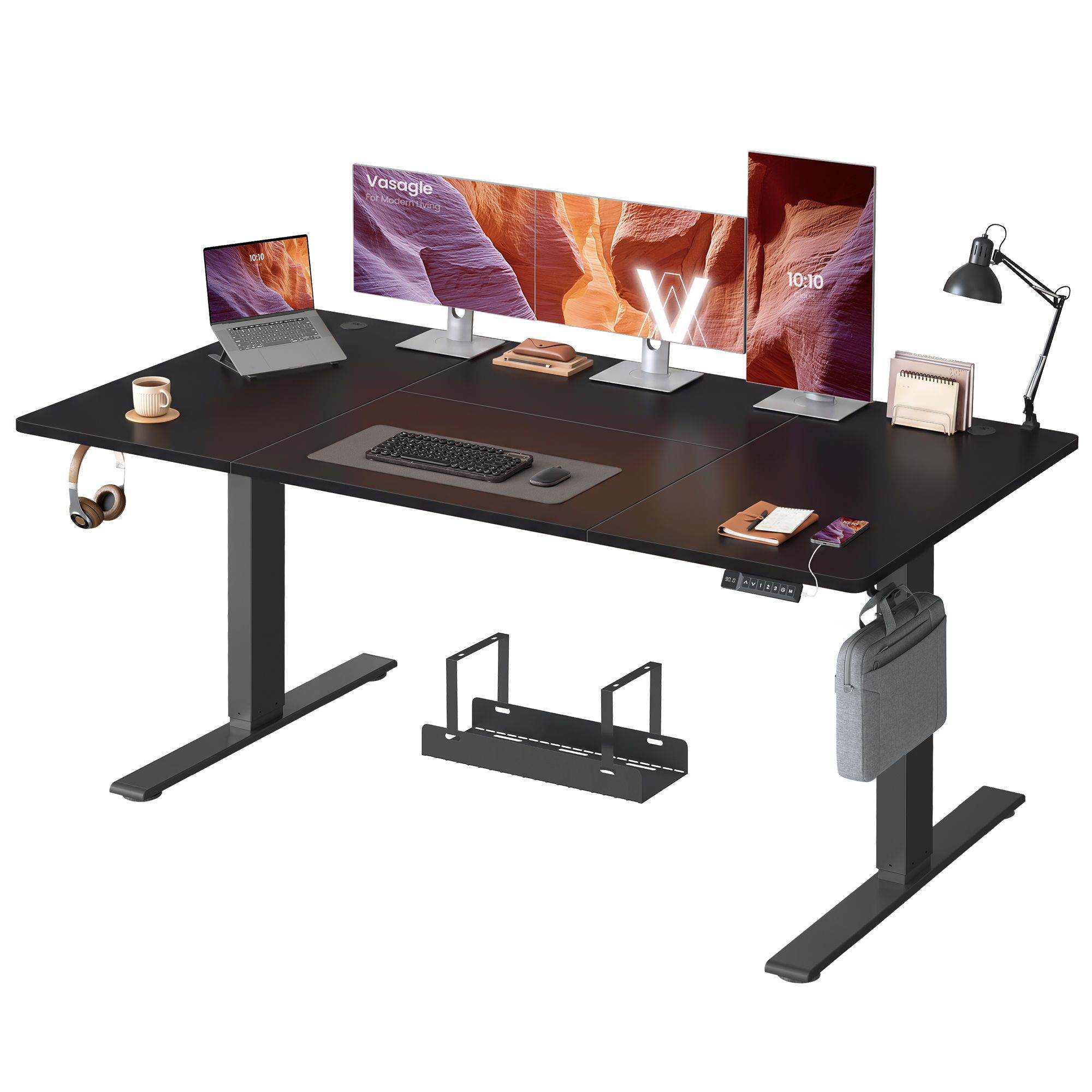 Augstumā regulējams rakstāmgalds ar USB-C, 180 x 80 cm, melnā krāsā