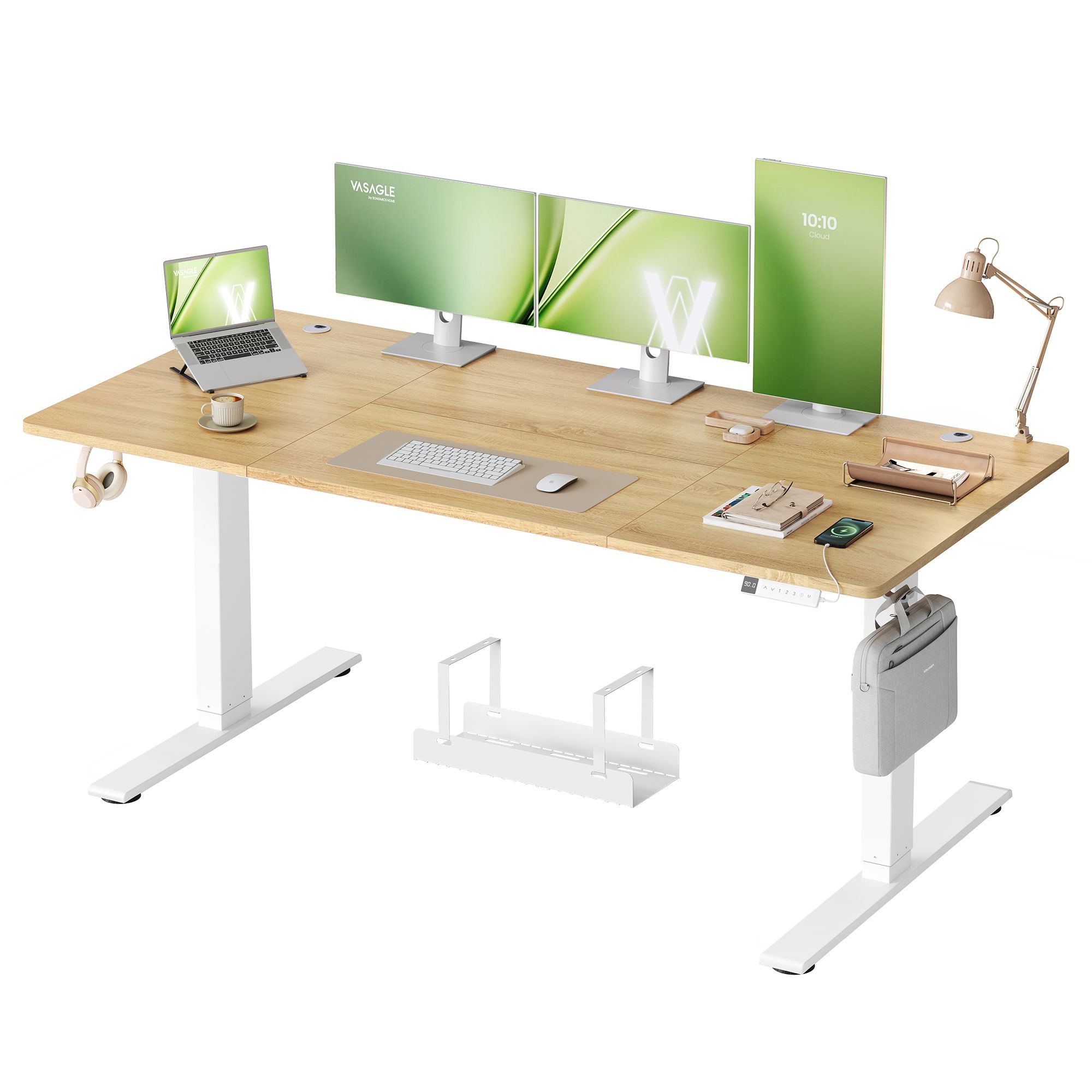 Augstumā regulējams rakstāmgalds ar USB-C, 180 x 80 cm, zelta ozola un matēti baltā krāsā