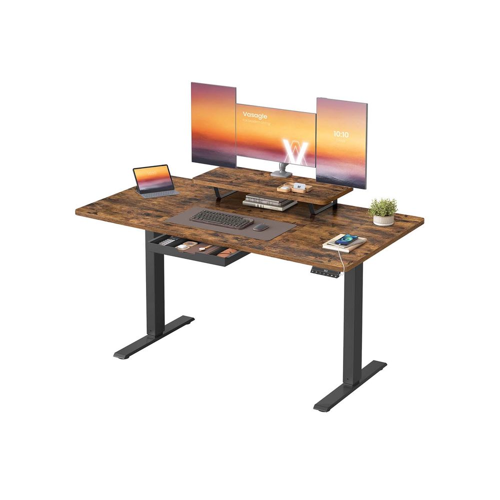 Elektriline kõrguse reguleeritav kirjutuslaud 140 x 70 cm monitorihoidiku USB-C pordi ja sahtliga vintage pruun