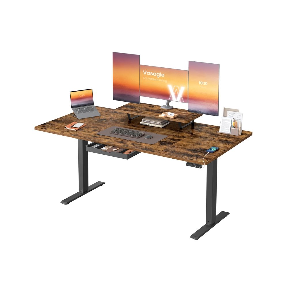Galds ar regulējamu augstumu 160 x 80 cm - rakstāmgalds ar monitora statīvu, atvilktni un USB-C ligzdu, ergonomisks biroja galds ar atgādinājumu par ilgu sēdēšanu, vintage brūns