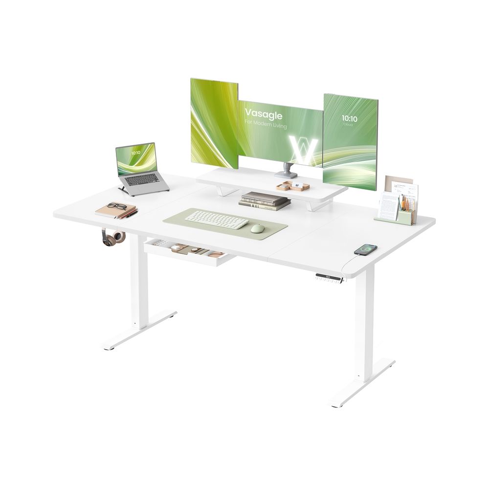 Rakstāmgalds ar augstuma regulēšanu, 160 x 80 cm, elastīgs monitora statīvs, atvilktne, USB-C pieslēgvieta, sēdēšanas atgādinājums, birojam, mākoņbalts