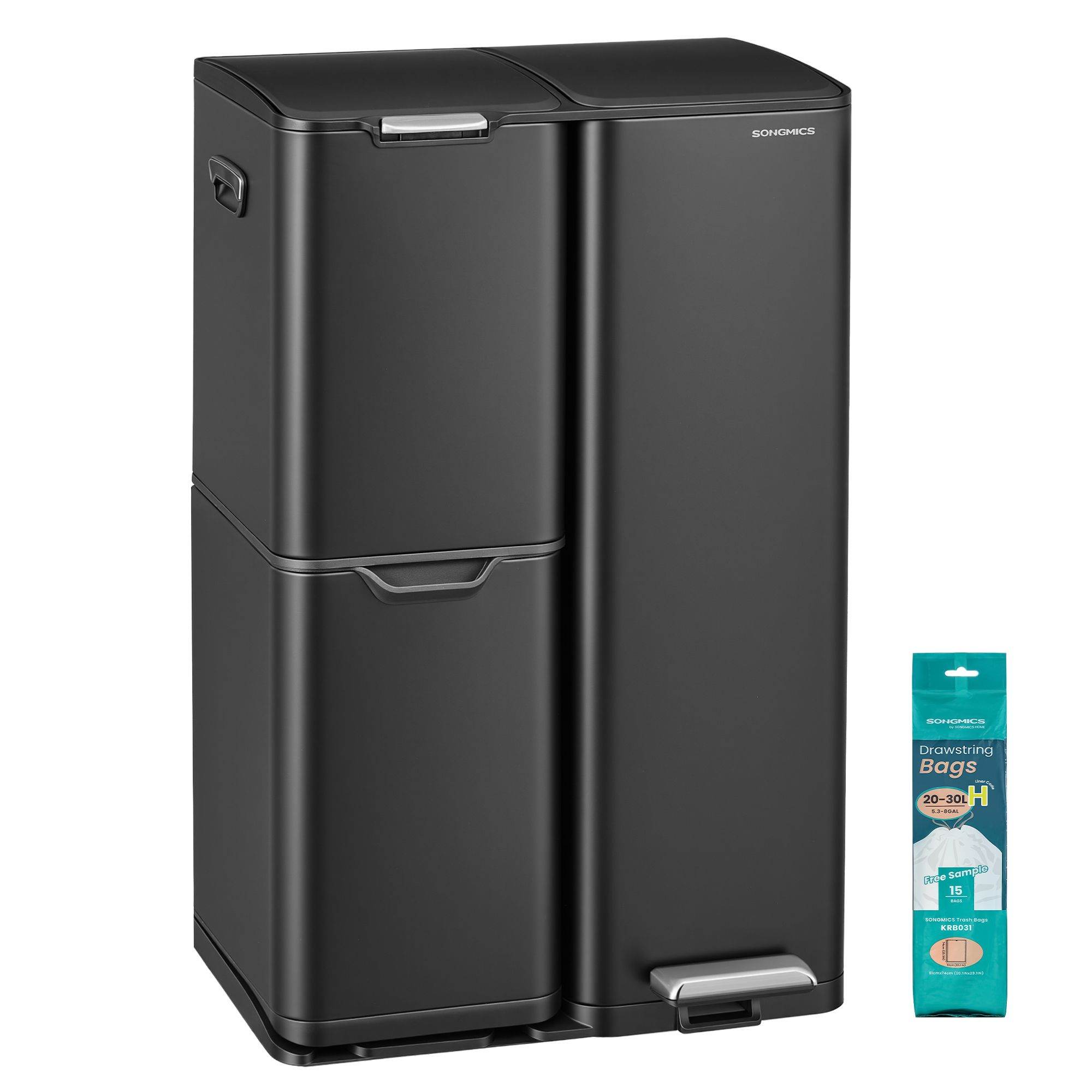 Virtuves pedāļa atkritumu tvertne, 3 nodalījumi, 60 l, melna