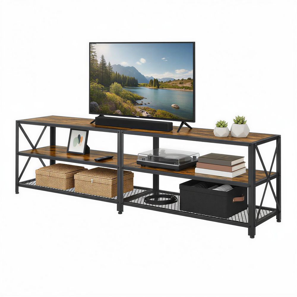TV skapis, TV statīvs, zems skapis televizoriem līdz 75 collām, TV skapis ar plauktiem, tērauda rāmis, TV plaukts viesistabai, guļamistabai, vintage brūni melns