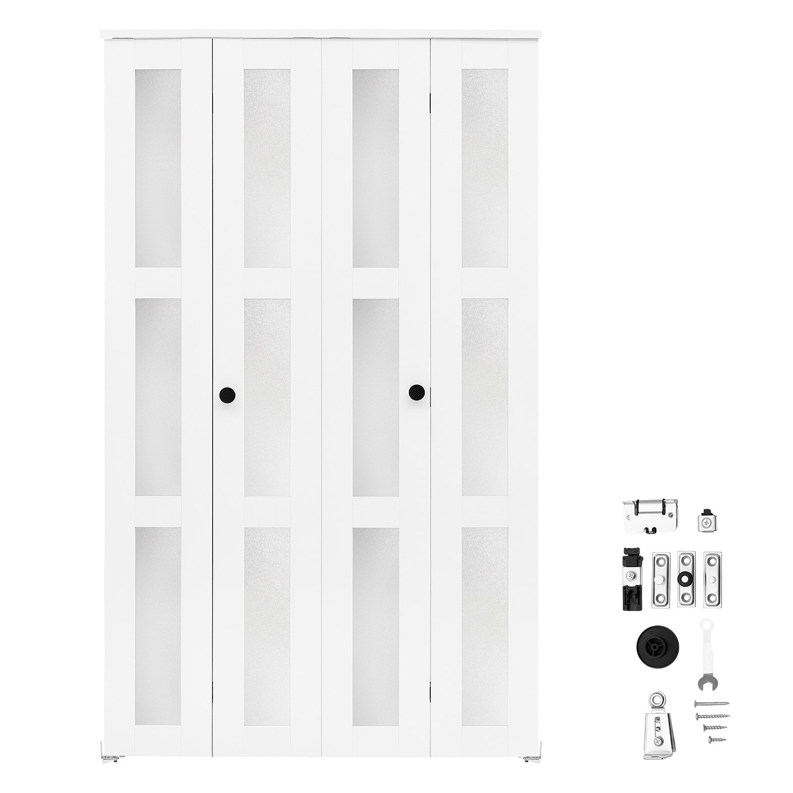 Mūsdienīgas vietu taupošas skapja salokāmās durvis ar 4 paneļiem, 1219 mm (4 × 305 mm) × 2032 mm, 3 matēta stikla laukumi, izturīgs kompozīta rāmis un metāla stiprinājumi, guļamistabai