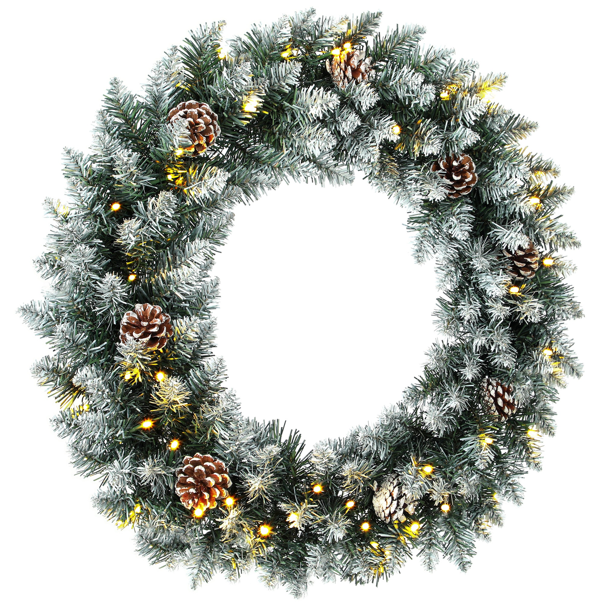 Izgaismots Ziemassvētku durvju vainags ar čiekuriem un mākslīgo sniegu, 60 cm, 50 LED diodes