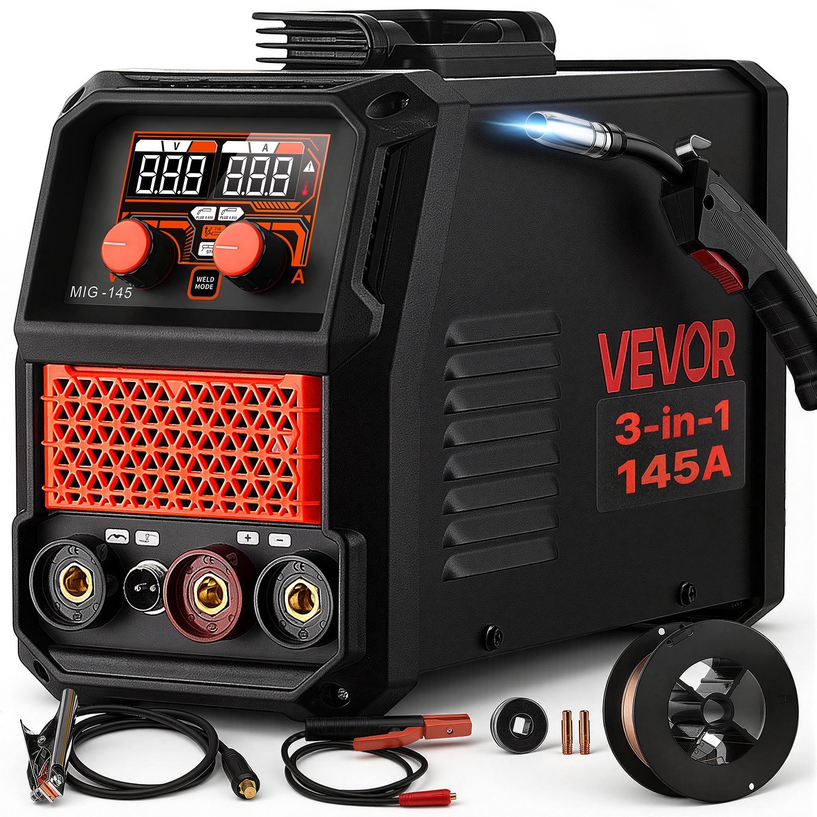 MIG metināšanas iekārta 3 vienā, 145 A, 220 V, Lift TIG, bezgāzes pulverstieple un elektrodu metināšana, sinerģiska vadība un IGBT invertors, pārnēsājama metālapstrādei, mājas remontam un DIY darbiem
