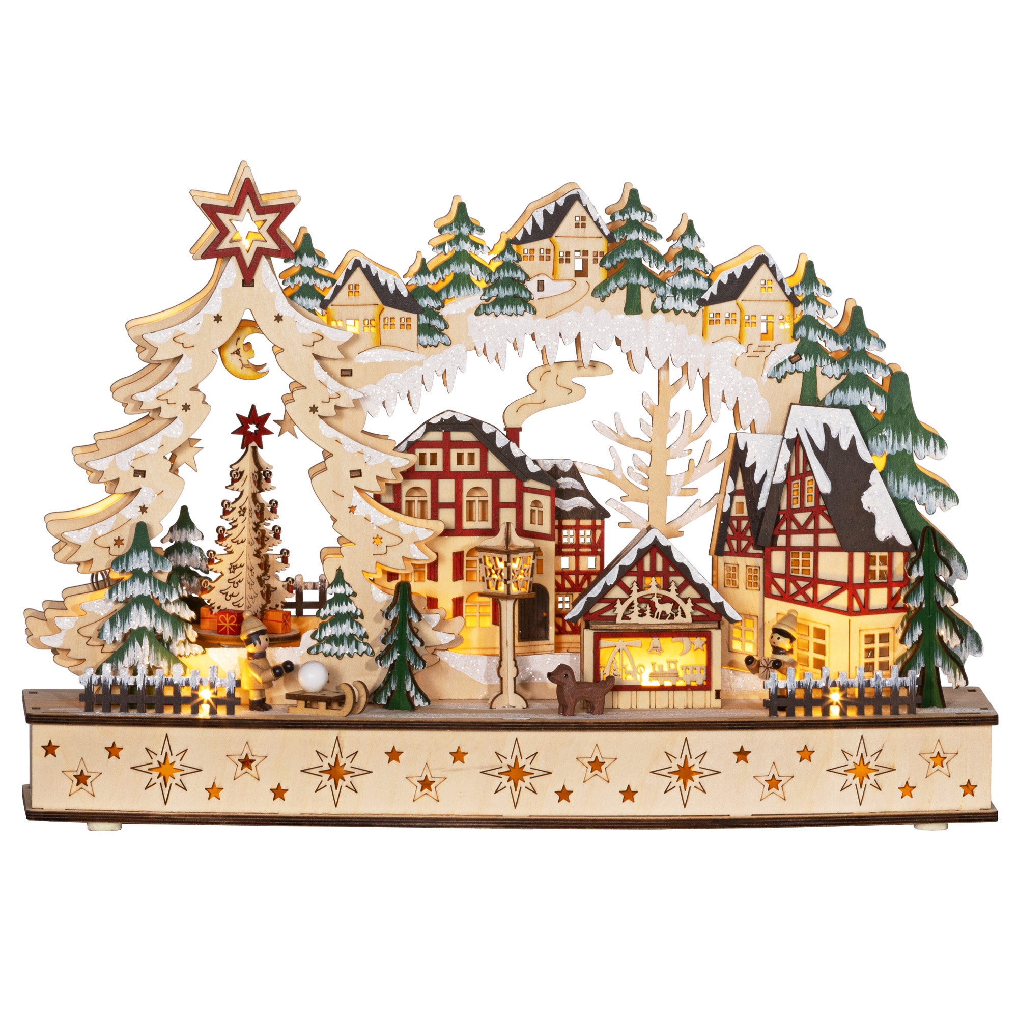 Ziemas Ziemassvētku ciemats, 20 LED gaismekļi, daudzslāņu dabīgs koks, 45 × 12 × 30 cm