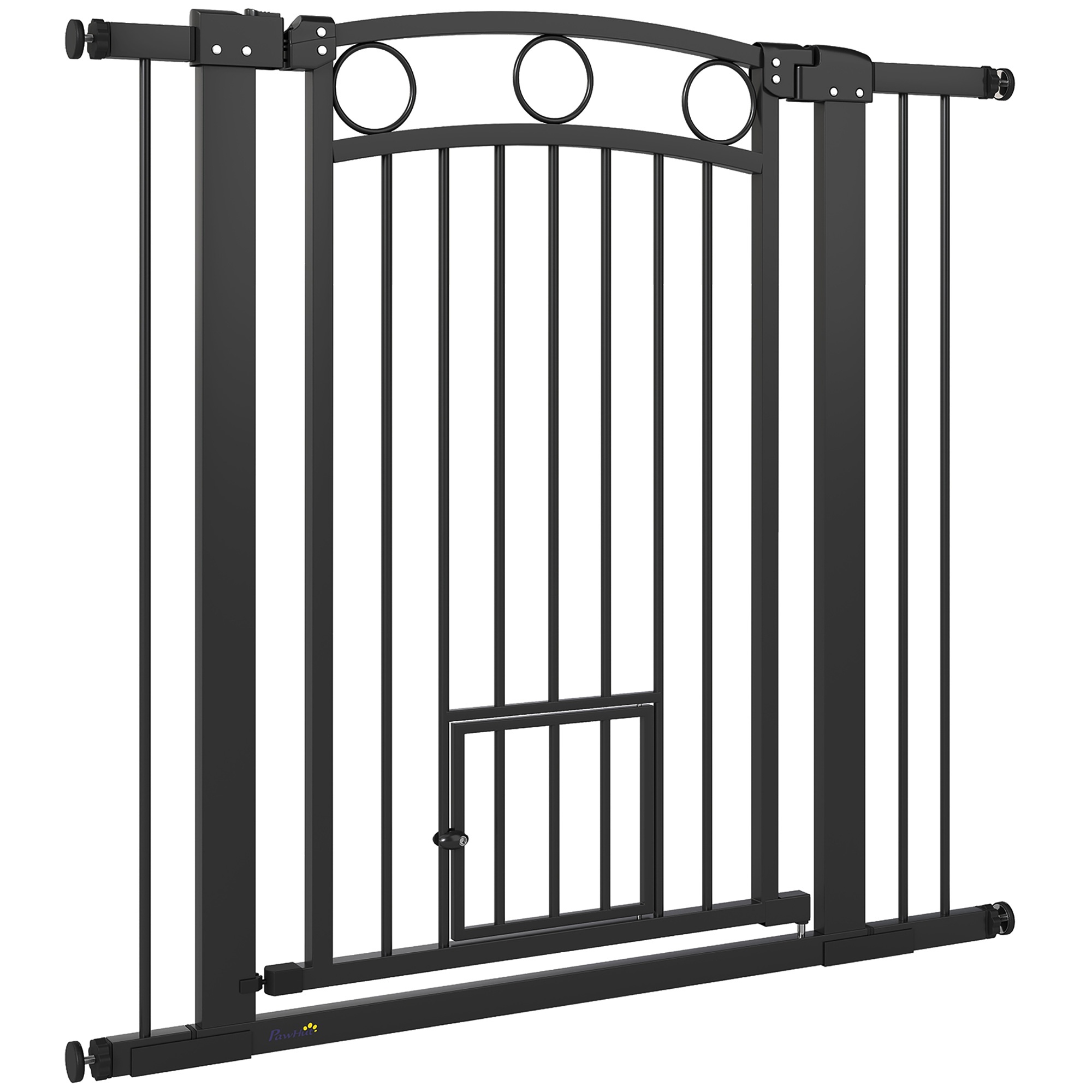 Mājdzīvnieku drošības vārti ar kaķu durtiņām kāpnēm un durvju ailēm, augstums 96 cm, regulējams platums 76–104 cm, melni