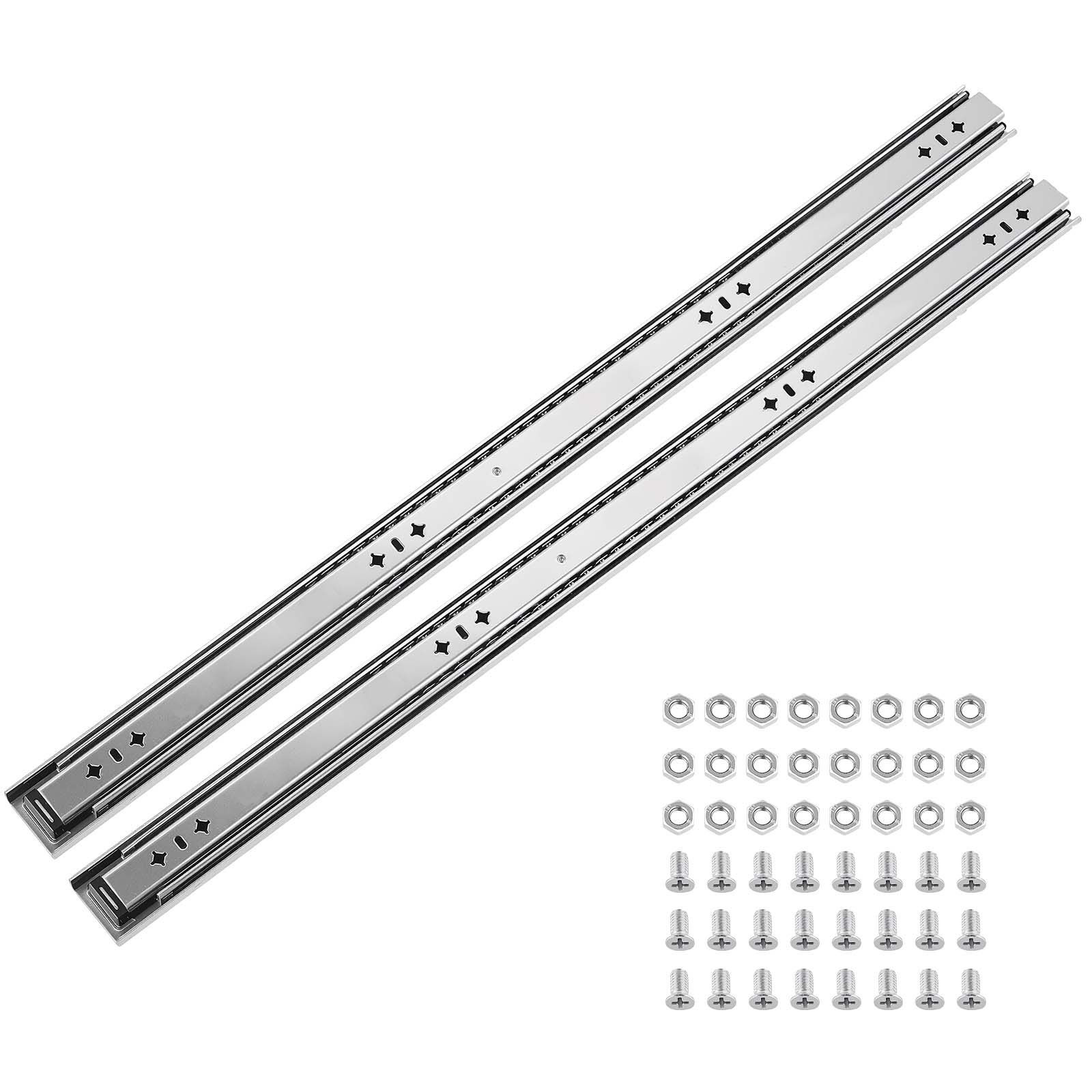 Izturīgas sānos stiprināmas atvilktņu lodīšu gultņu sliedes, 1 pāris, 90 cm, 120,2 kg, 3 daļu pilns izvilkums, oglekļa tērauds, skrūves un uzgriežņi, skapjiem, virtuvei, darba galdam un kemperim